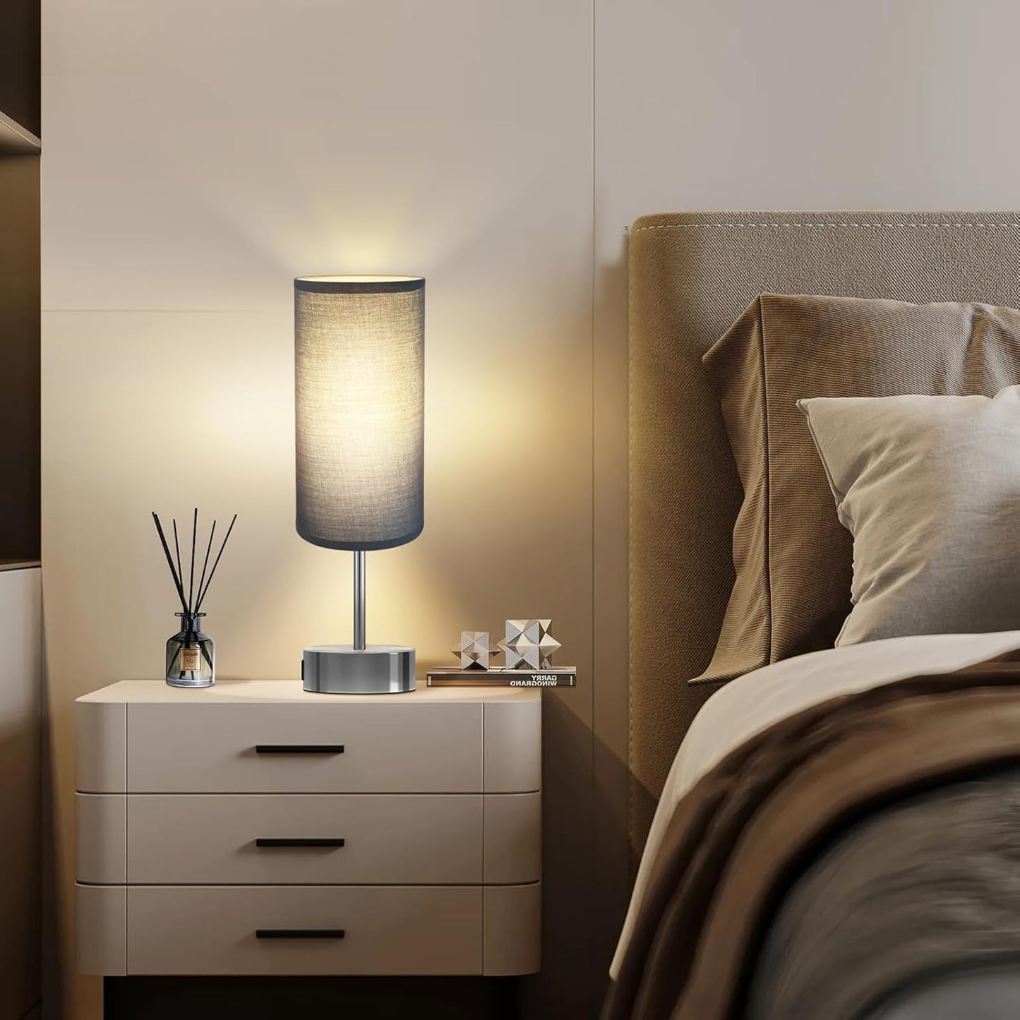 KPQ Touch Control Table Lamp with USB Charging Ports Dimmable Silver/Grey DEMO