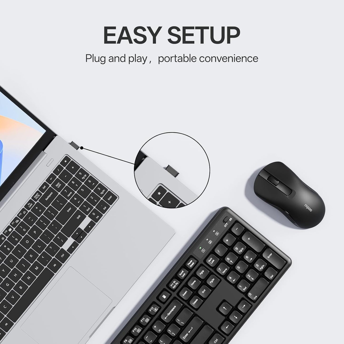 RAPOO Quiet Wireless Keyboard and Mouse Combo 2.4GHz USB Receiver Black DEMO