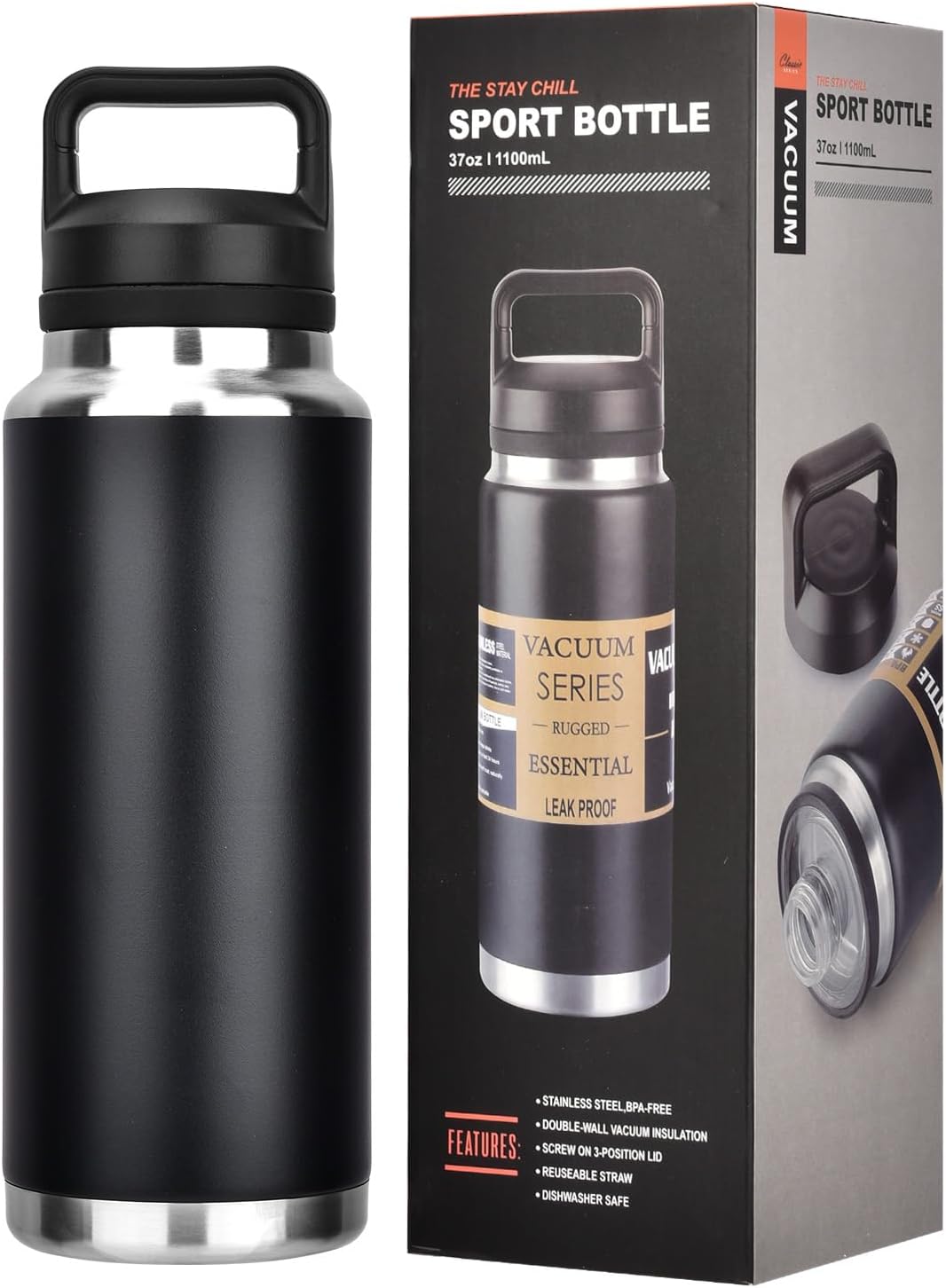 Durable Stainless Steel Sports Water Bottle, Vacuum Insulated 1100ml, Black NEW
