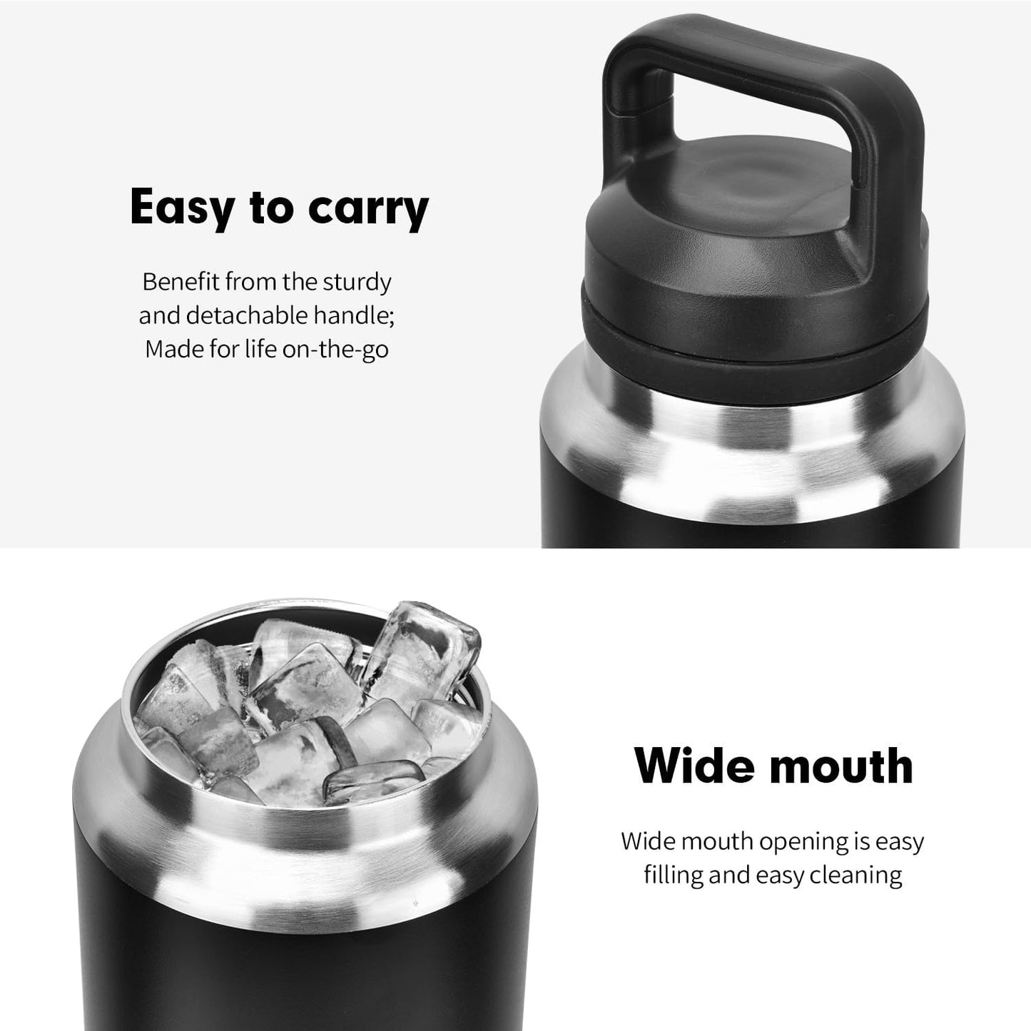 Durable Stainless Steel Sports Water Bottle, Vacuum Insulated 1100ml, Black NEW