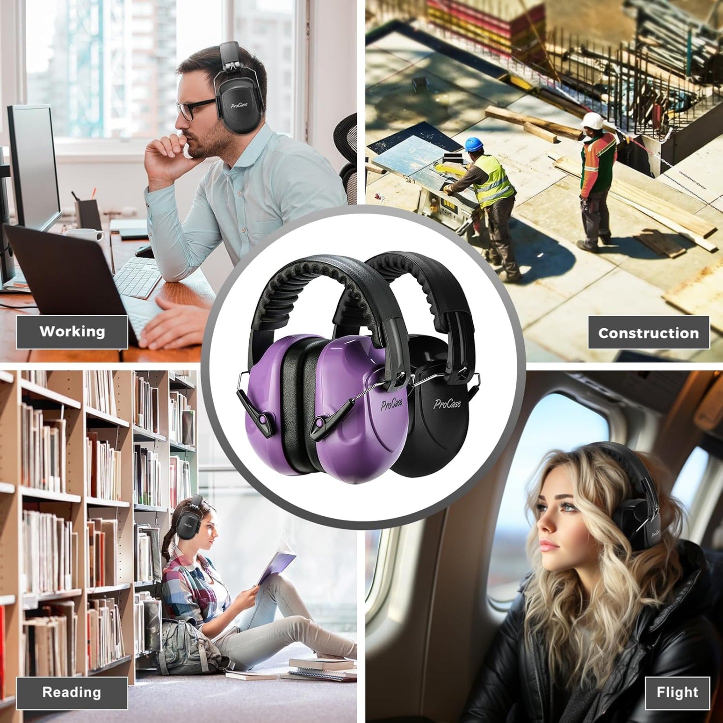 ProCase Noise Reduction Safety Ear Muffs Hearing Protection Purple&Black NEW