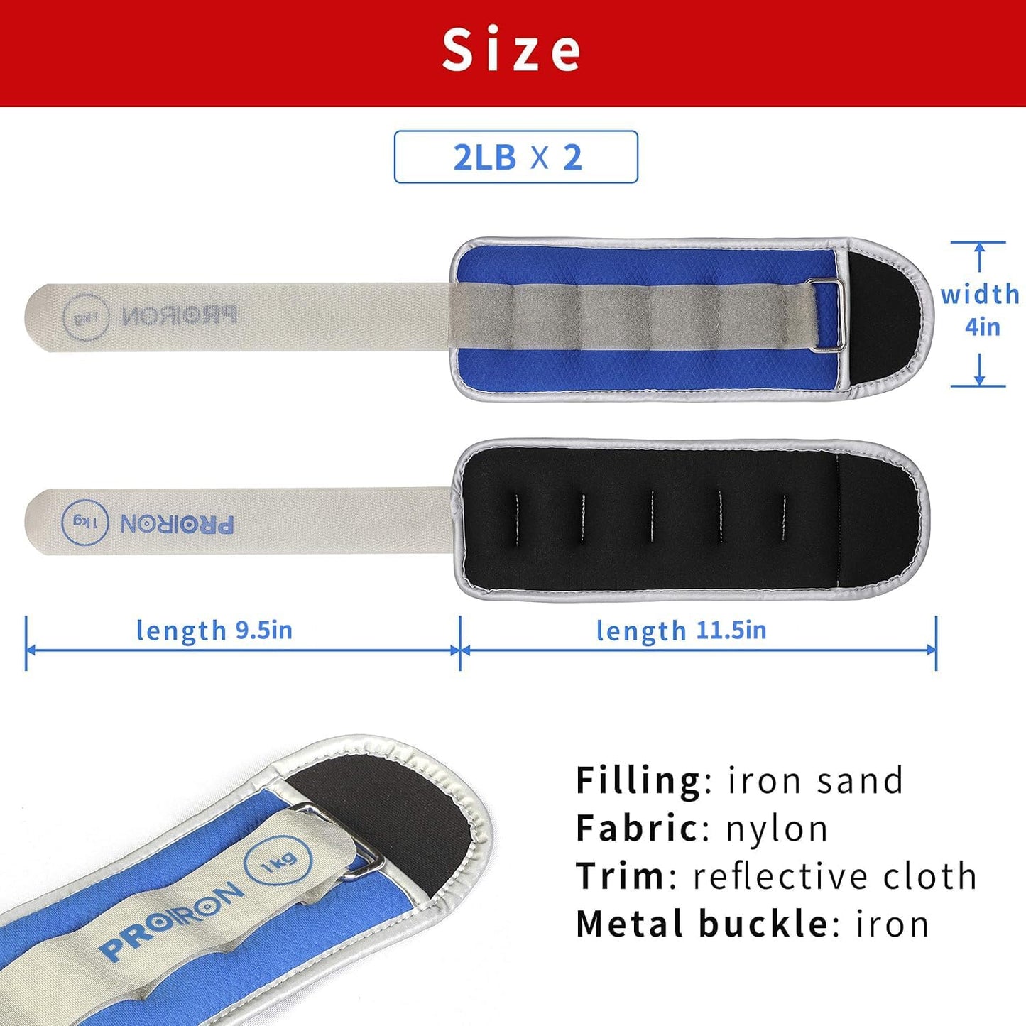 PROIRON Reflective Wrist Ankle Weights 2kg Leg Arm One Size Blue 1kg x 2 NEW