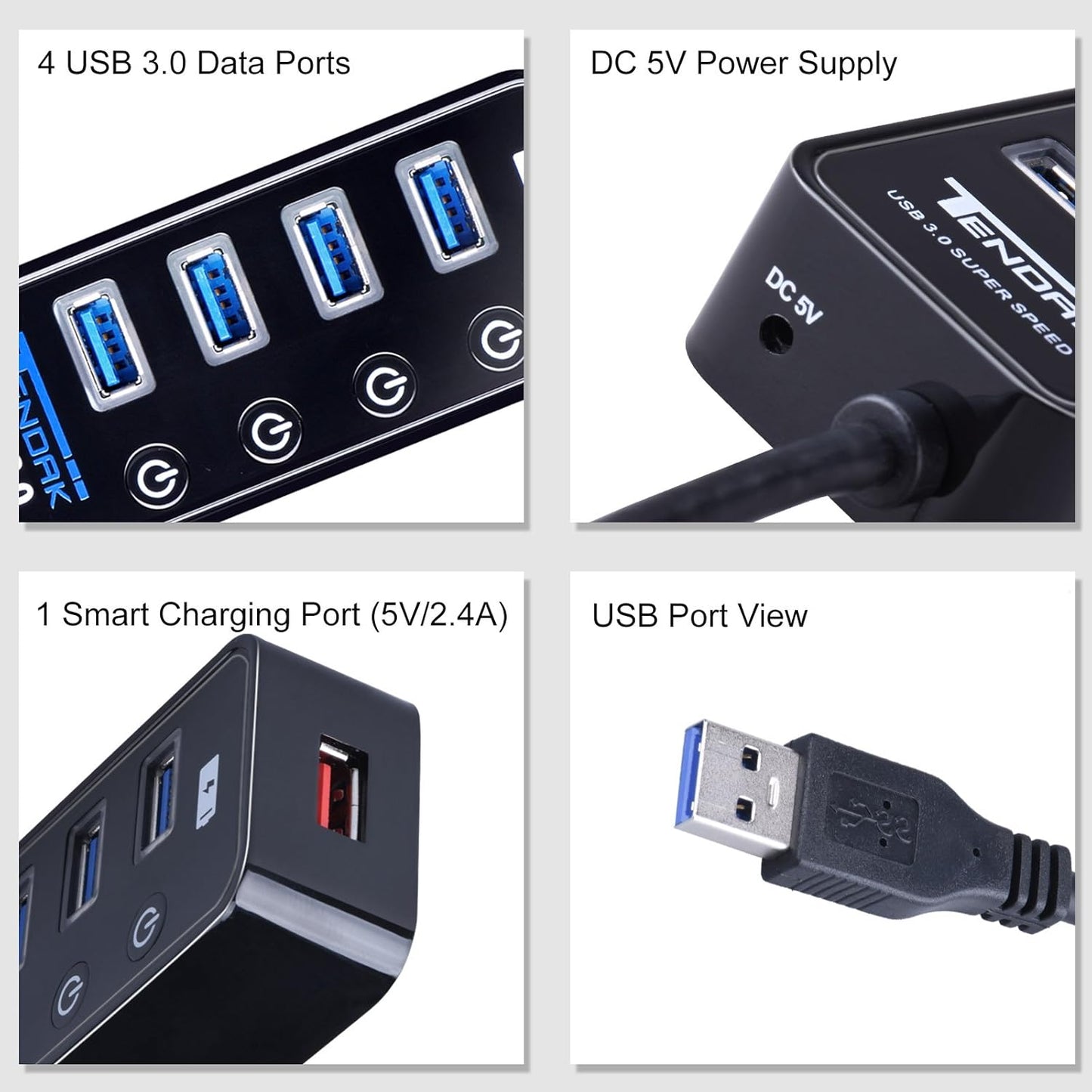 Tendak 4 USB Hubs Port USB 3.0 Hub with Smart Charging - High-Speed Data DEMO