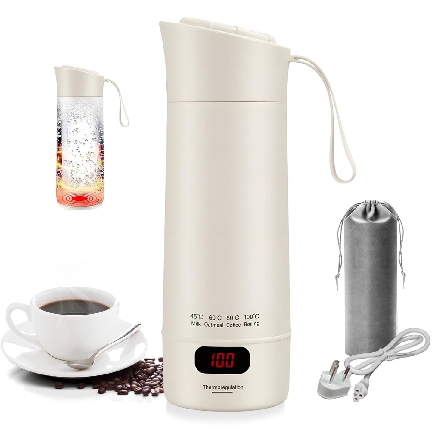 XIULIUU Portable Electric Kettle, 400ML Small Hot Water Boiler, Beige, DEMO