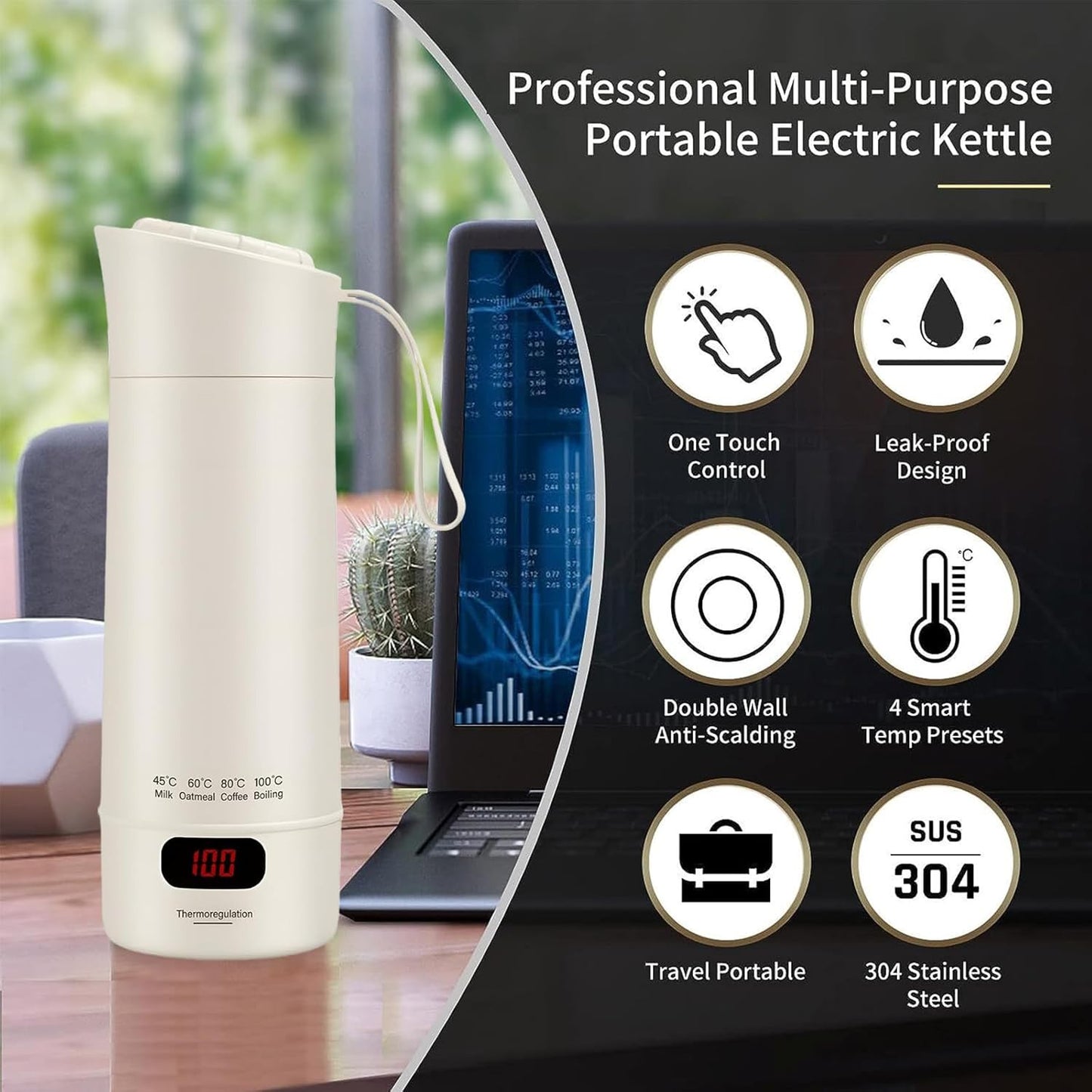 XIULIUU Portable Electric Kettle, 400ML Small Hot Water Boiler, Beige, DEMO