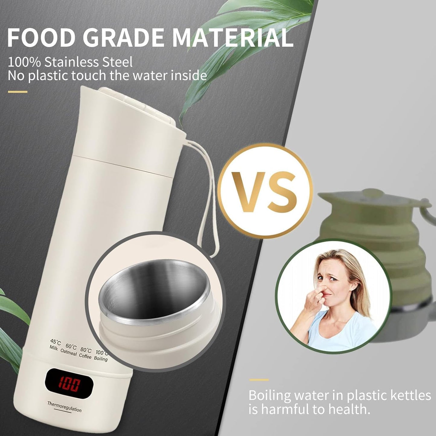 XIULIUU Portable Electric Kettle, 400ML Small Hot Water Boiler, Beige, DEMO
