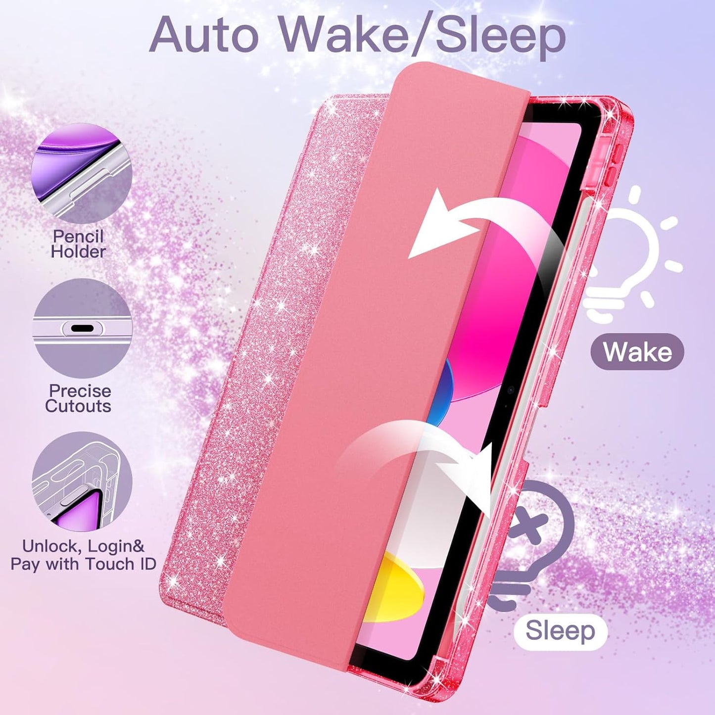 JETech Glitter Cases Sparkle Protective Case for 11th & 10th Gen iPad, Pink NEW