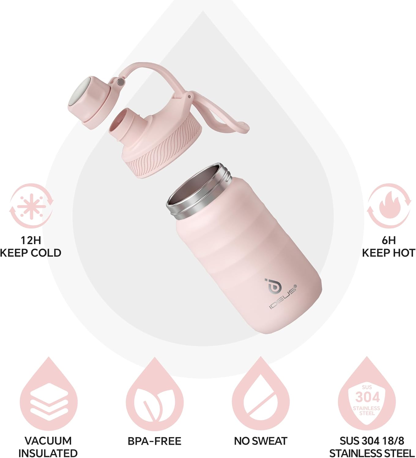 Ideus Insulated Stainless Steel Sports Water Bottle 12oz/360ml Light Pink NEW