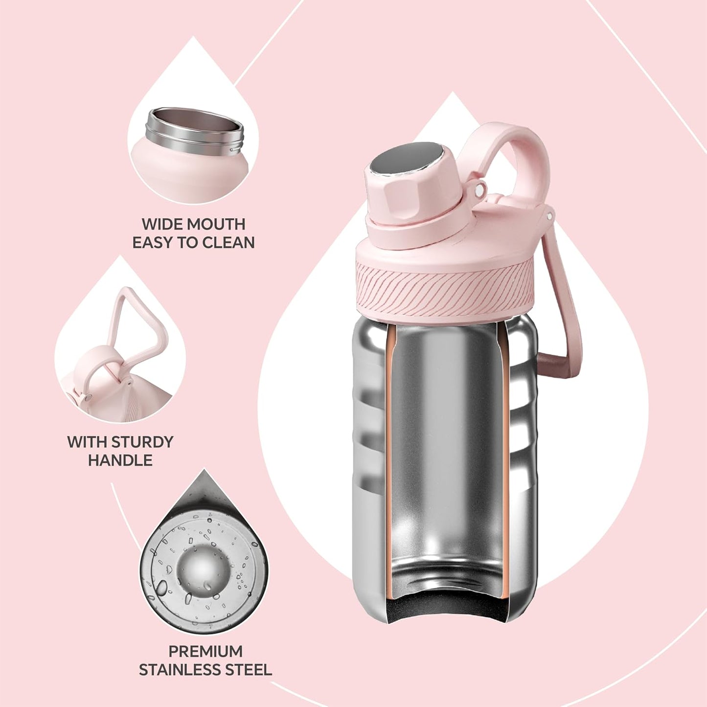 Ideus Insulated Stainless Steel Sports Water Bottle 12oz/360ml Light Pink NEW