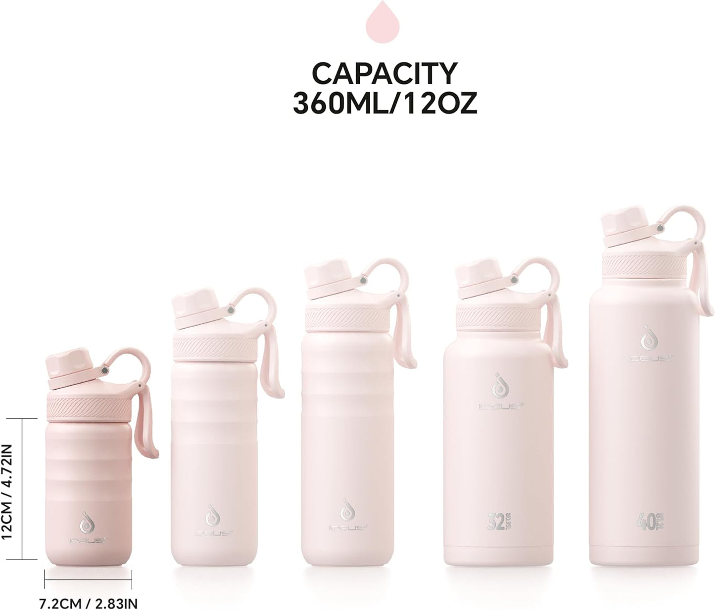 Ideus Insulated Stainless Steel Sports Water Bottle 12oz/360ml Light Pink NEW