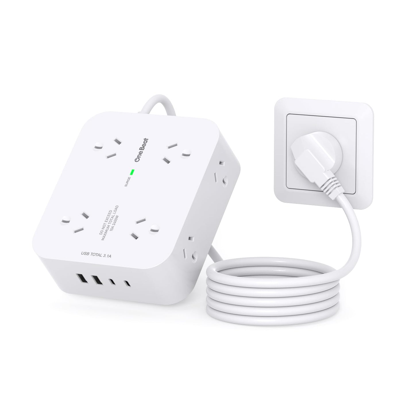 One Beat 8-Outlet Power Strip with 4 USB Charging Ports, White NEW