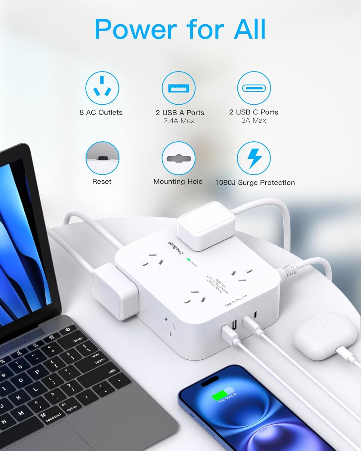 One Beat 8-Outlet Power Strip with 4 USB Charging Ports, White NEW