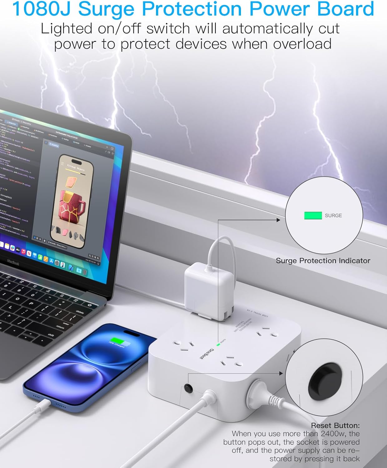 One Beat 8-Outlet Power Strip with 4 USB Charging Ports, White NEW