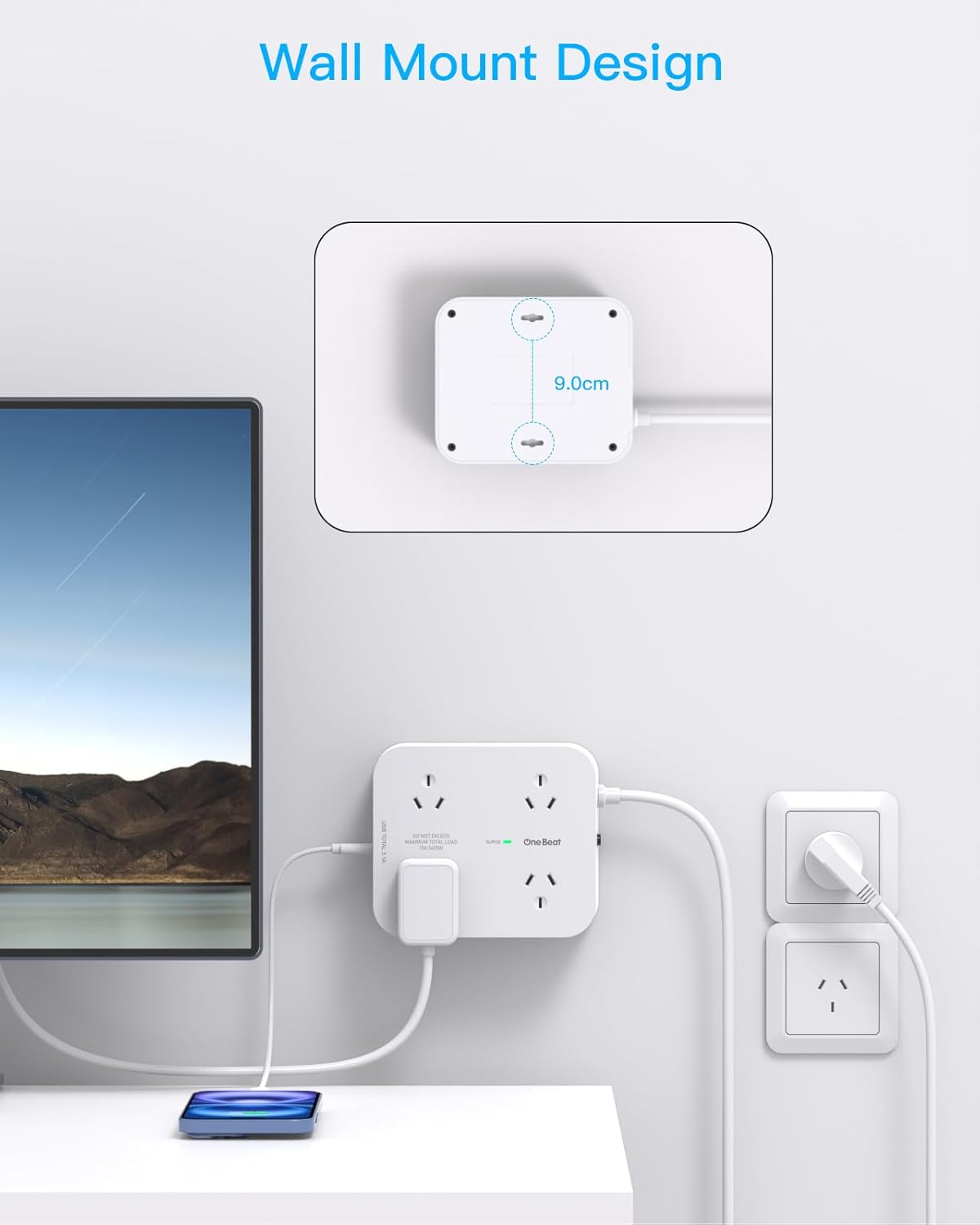 One Beat 8-Outlet Power Strip with 4 USB Charging Ports, White NEW