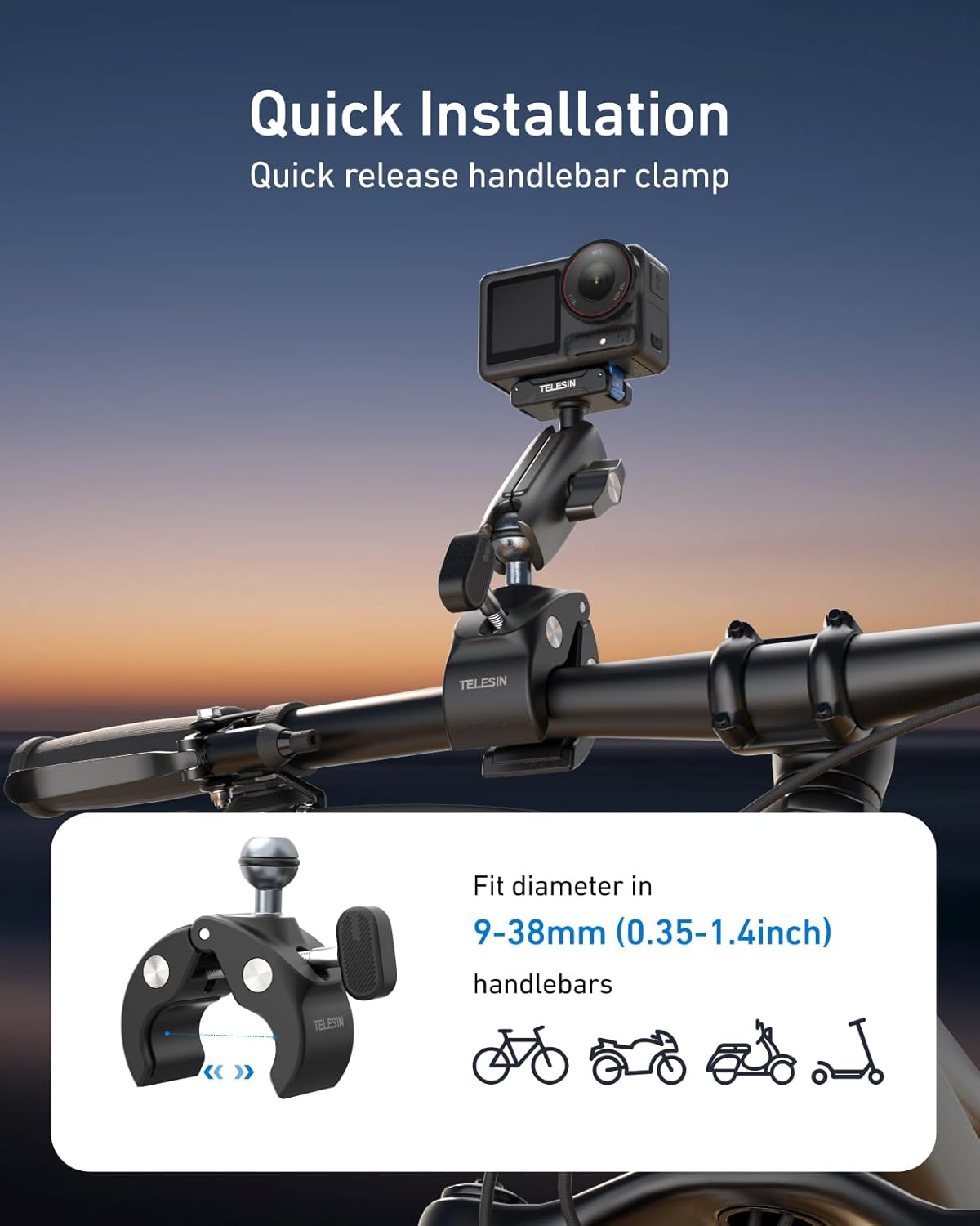 TELESIN Super Clamp Mount Bike Holder for DJI Pocket 4/3 Osmo Nano/Osmo DEMO