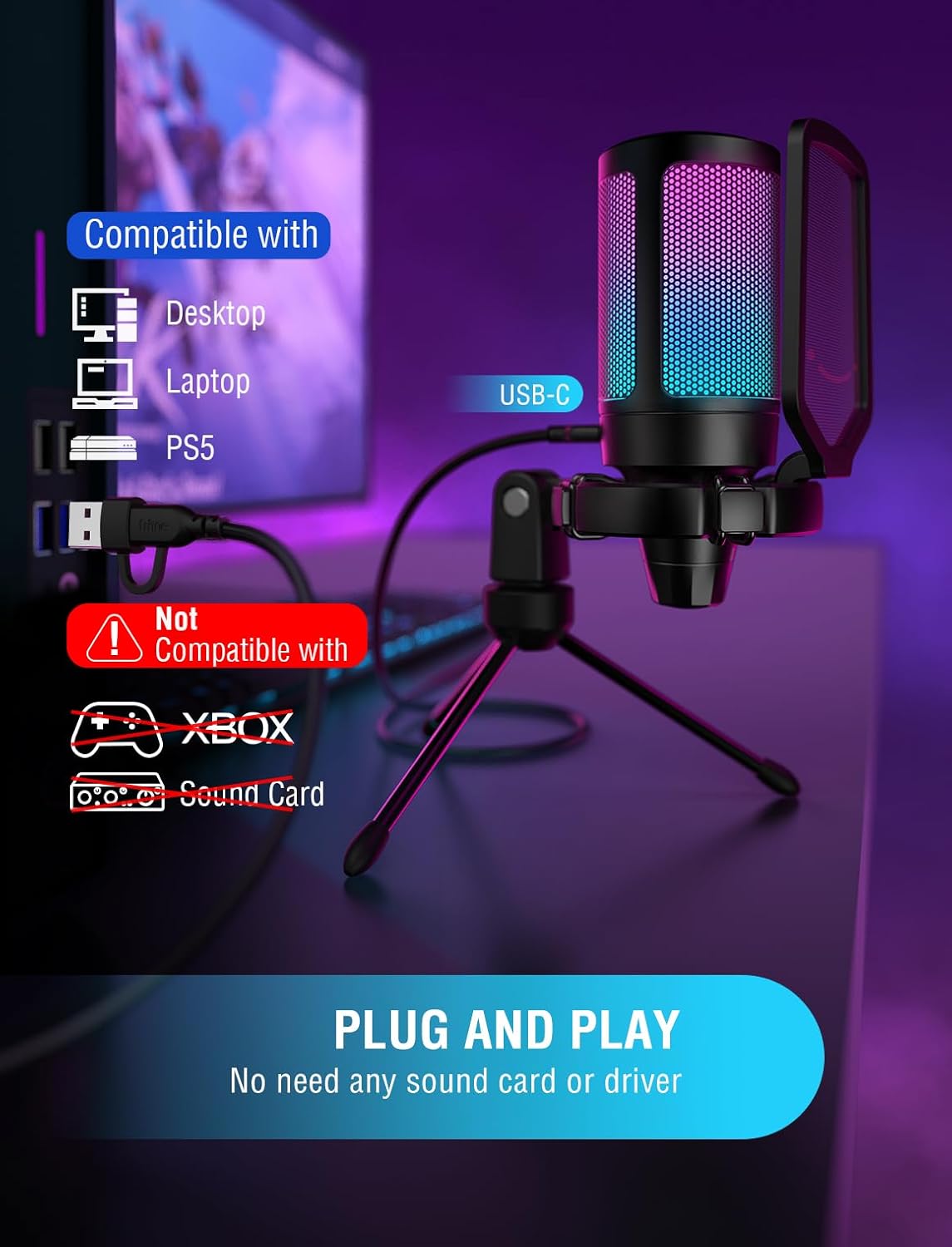 FIFINE Condenser Microphone with USB, RGB Lighting & Mute for PC, PS5 DEMO