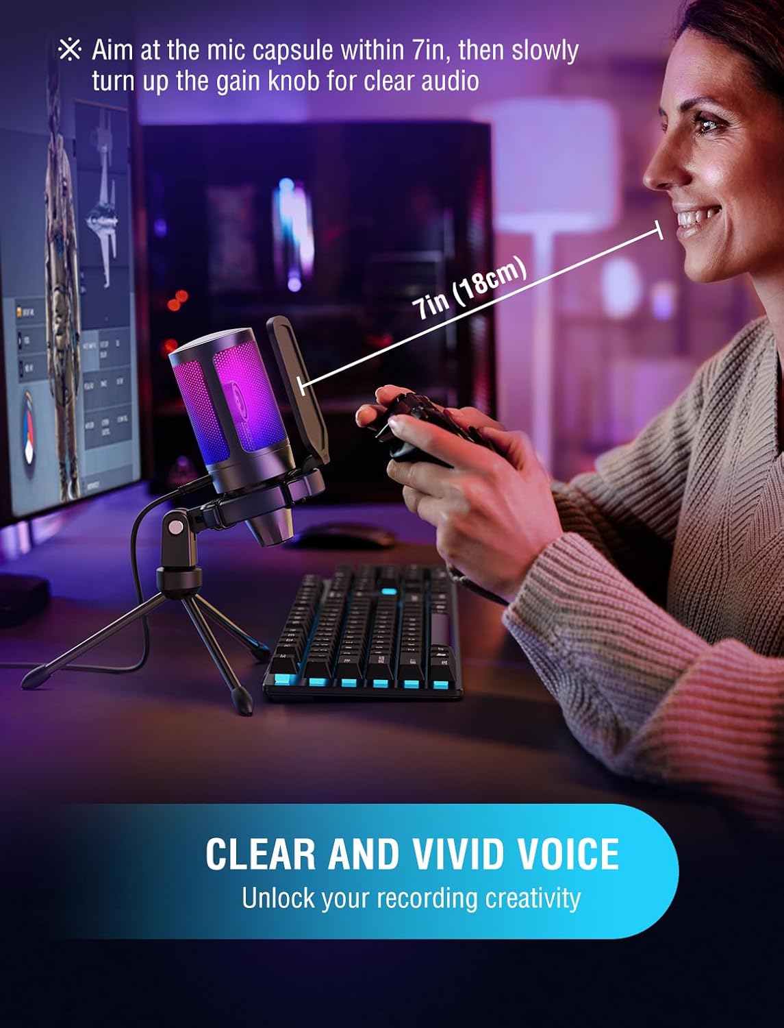FIFINE Condenser Microphone with USB, RGB Lighting & Mute for PC, PS5 DEMO