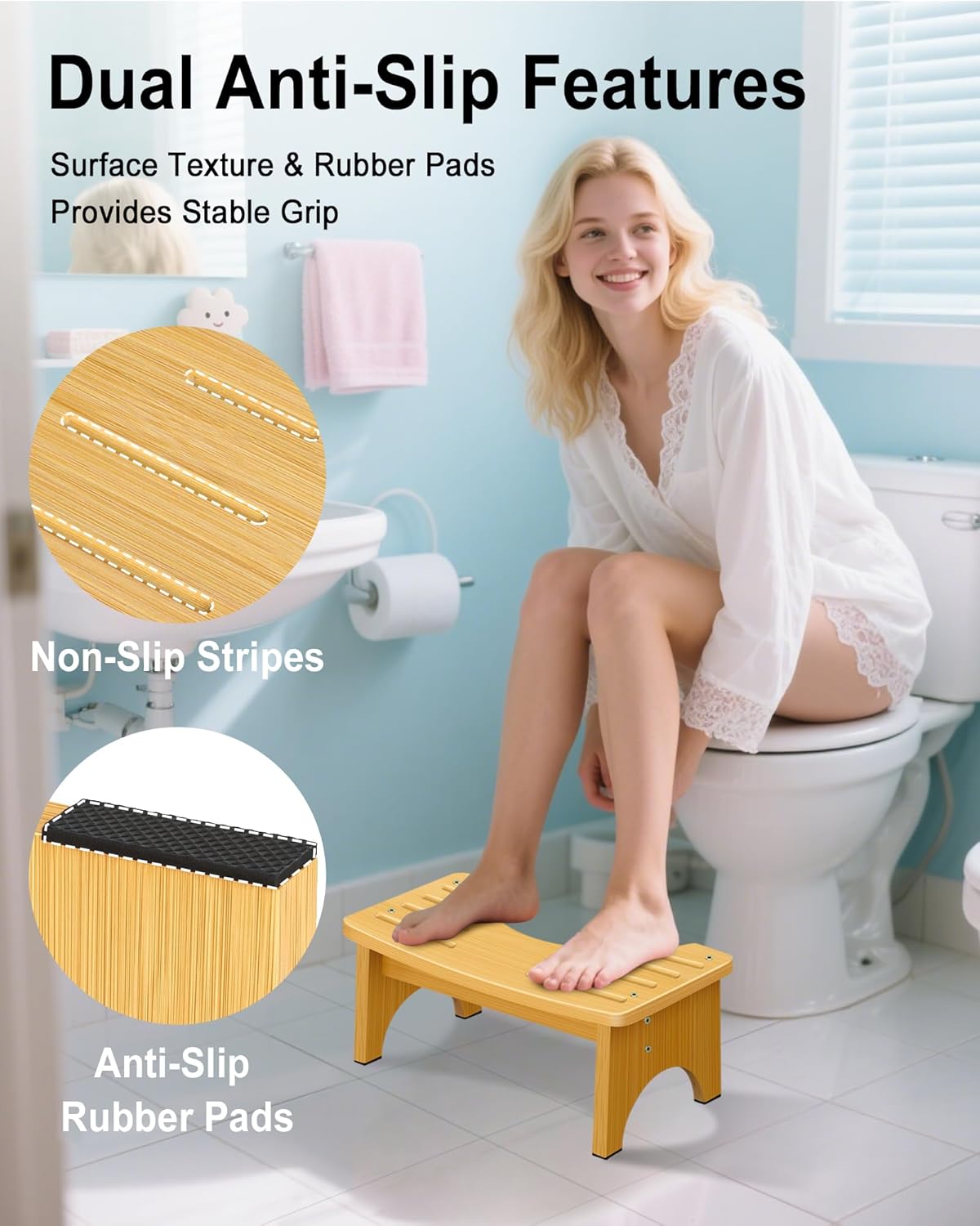 JACNITAD 6.5 Bathroom Stools Inch Bamboo Toilet Stool Non-Slip Squat  NEW