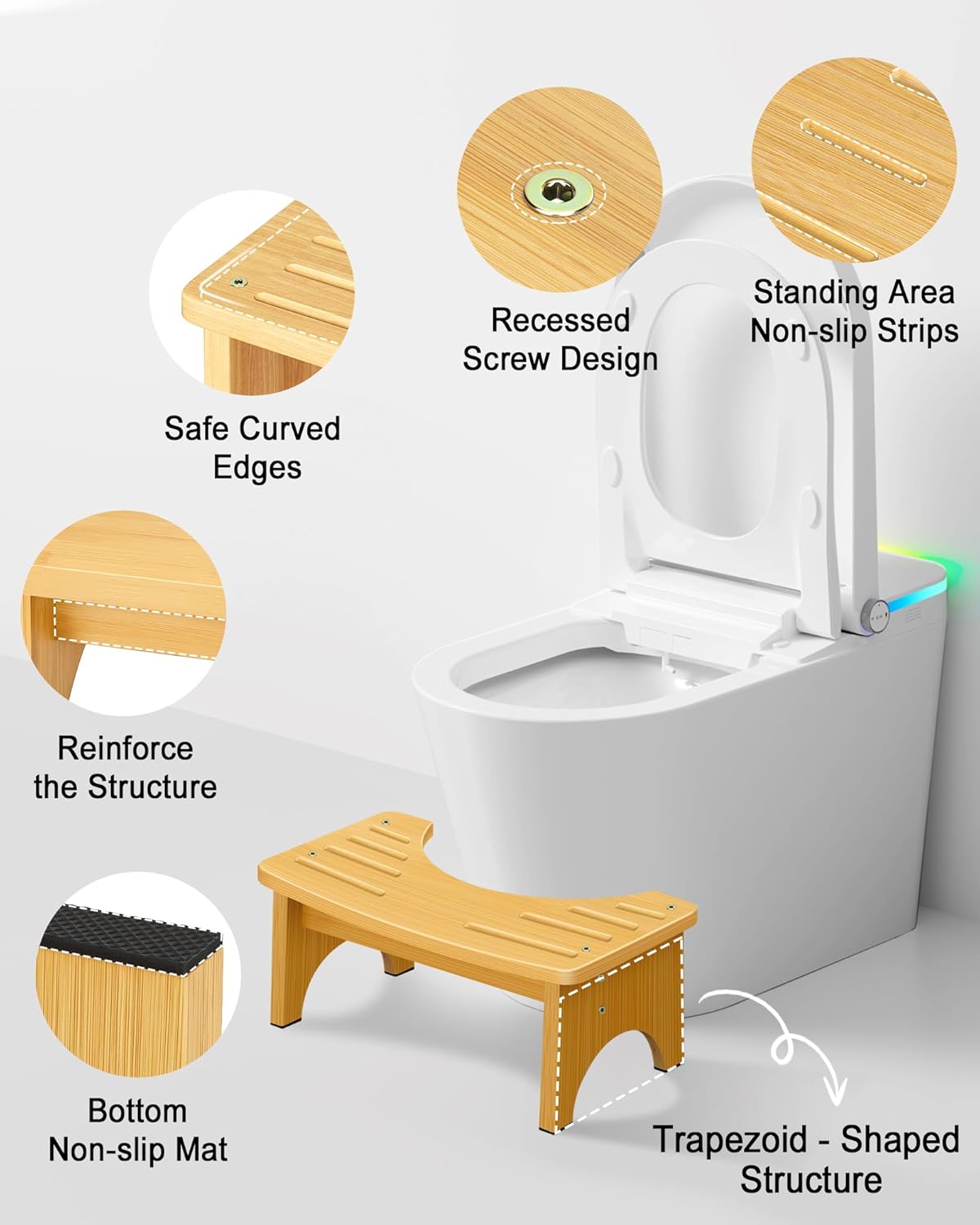 JACNITAD 6.5 Bathroom Stools Inch Bamboo Toilet Stool Non-Slip Squat  NEW