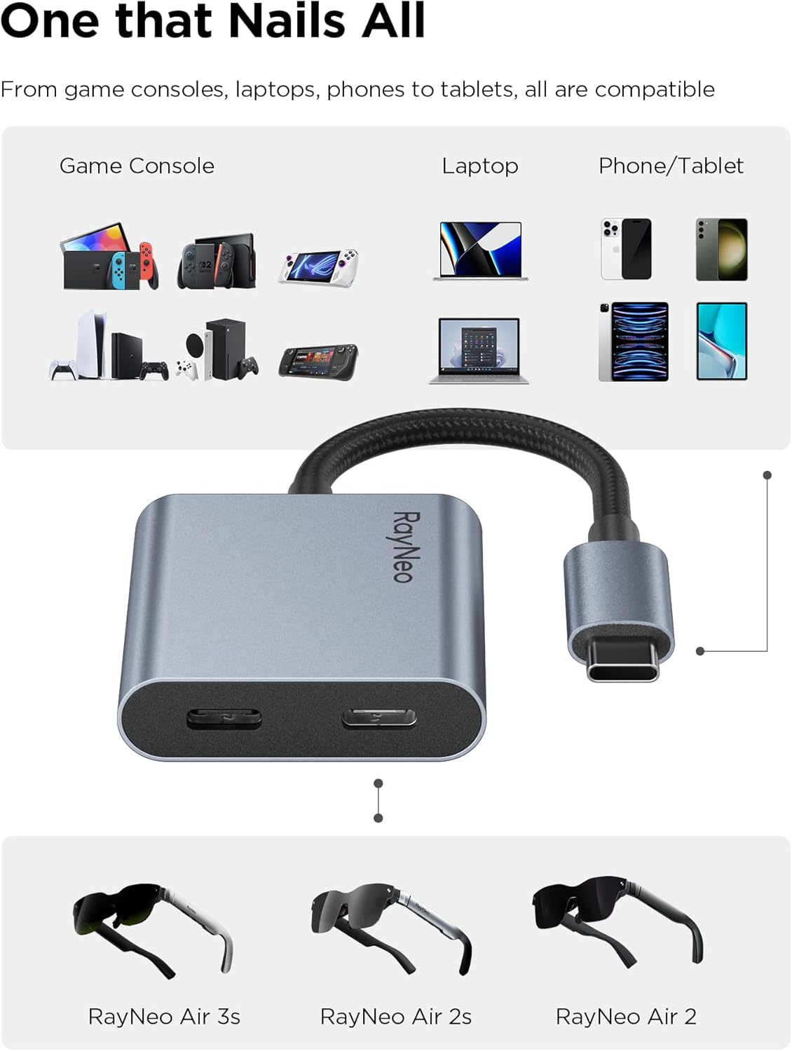 RayNeo USB-C to Glasses Charging Adapter - Charge and Play Hands-Free in DEMO