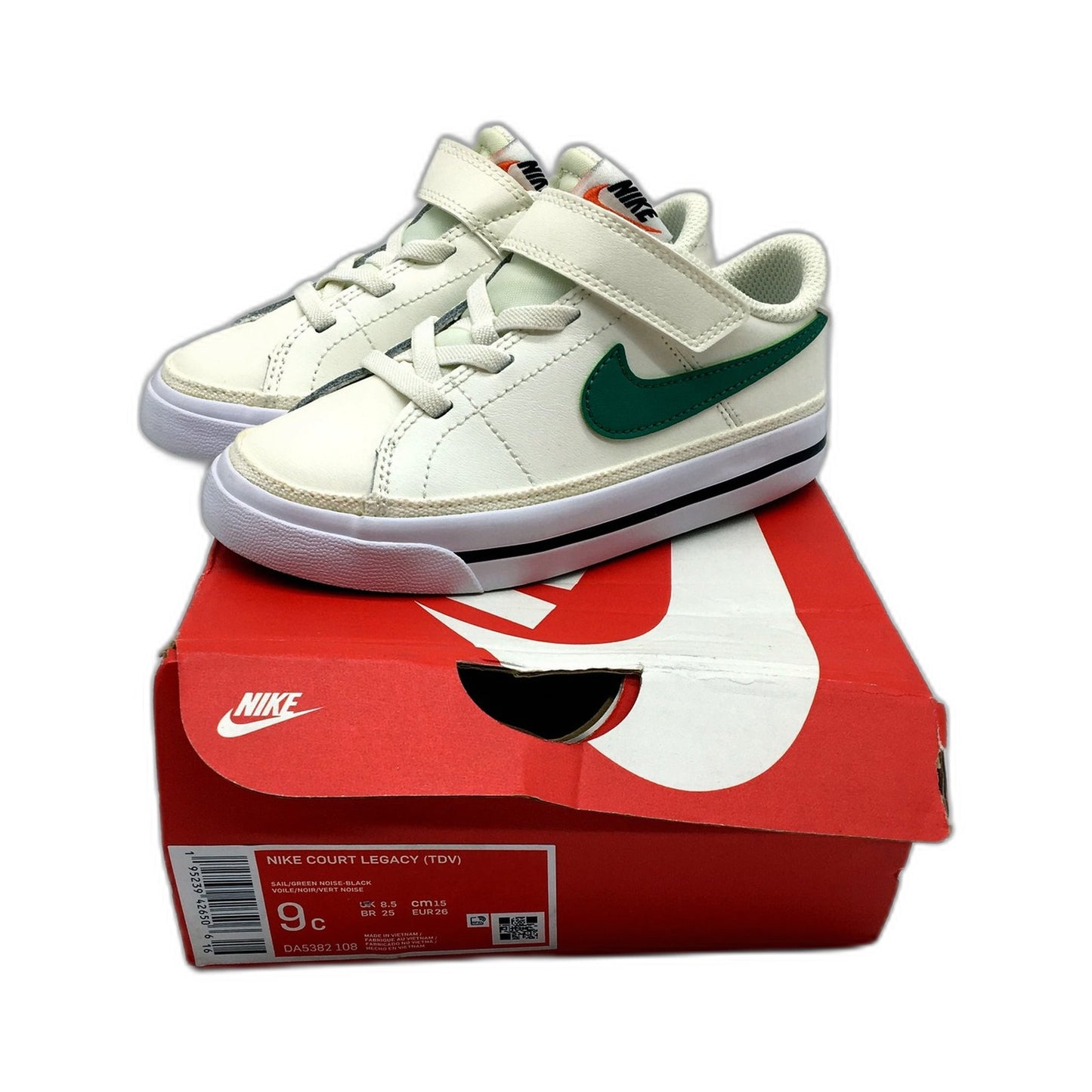 Nike Unisex Court Legacy Sneakers in Sail/Green Noise-Black KIDS Size 9C NEW