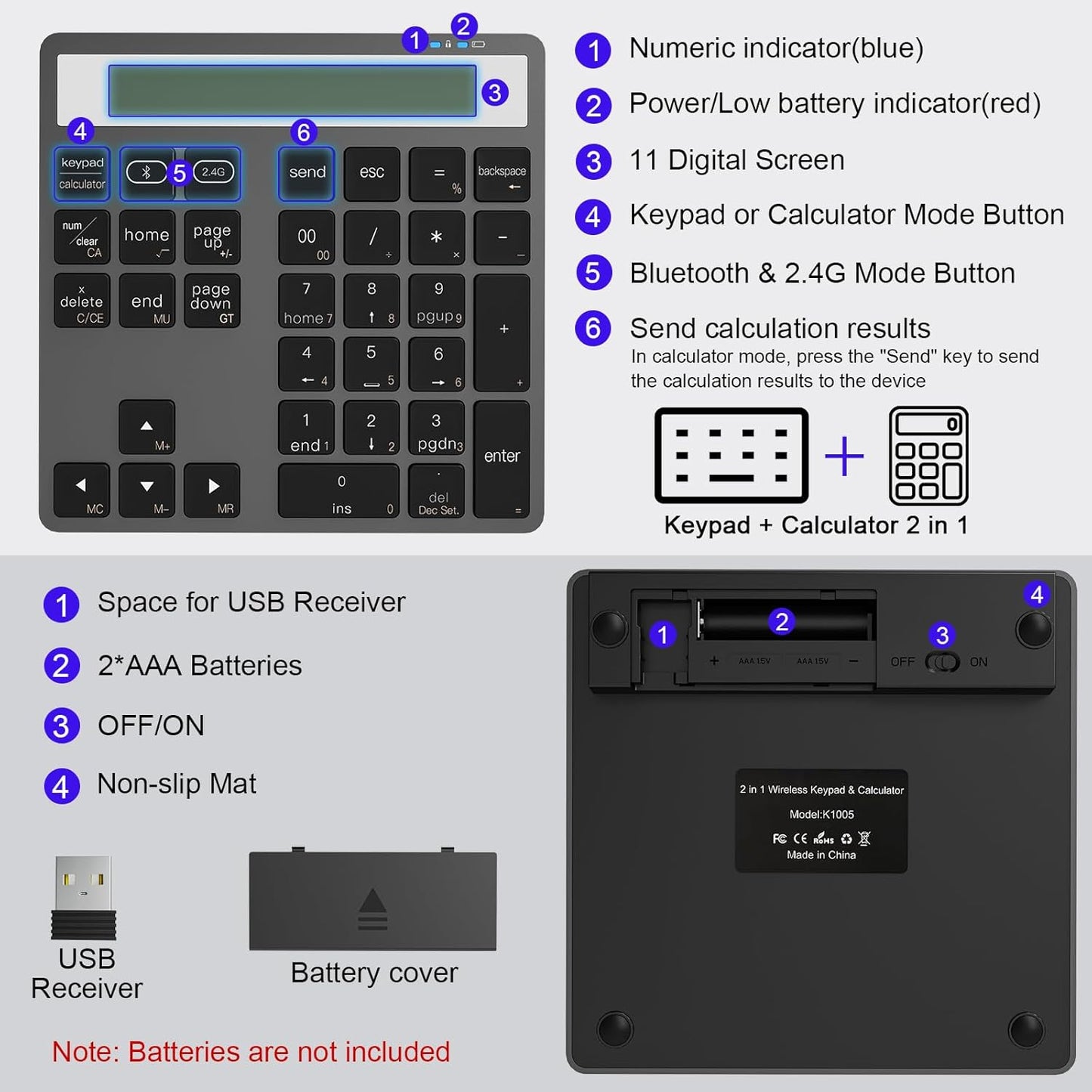 Arleedyn Bluetooth Keyboards Numeric Keypad with Display Calculator NEW
