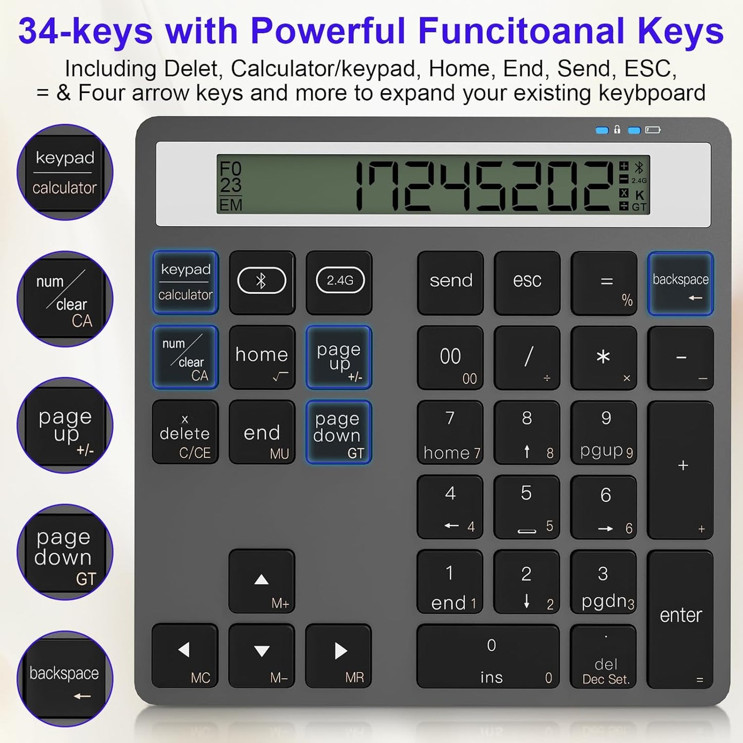 Arleedyn Bluetooth Keyboards Numeric Keypad with Display Calculator NEW
