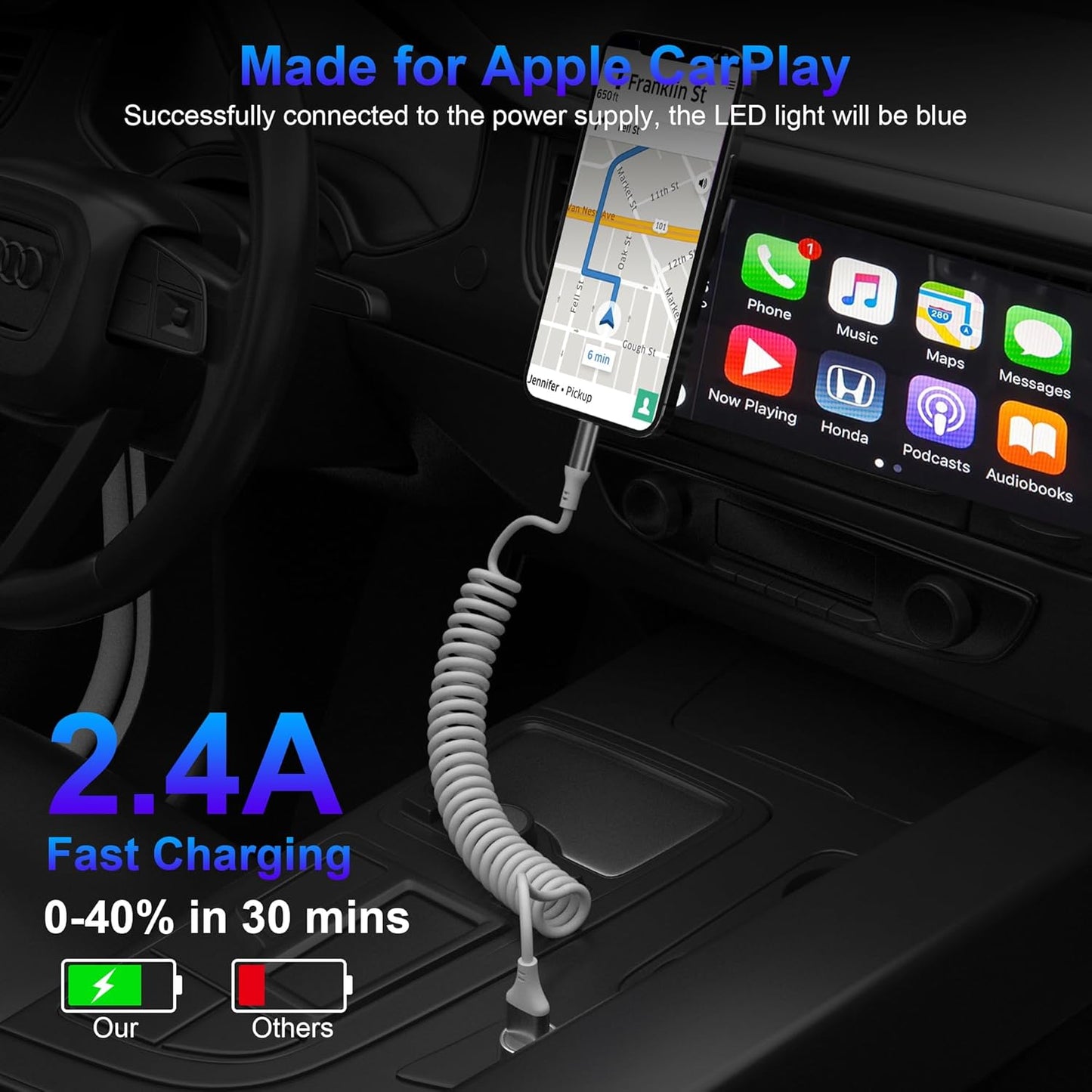 Yeemie 2-Pack Coiled Lightning iPhone Charger Cables Black 6ft Cords NEW