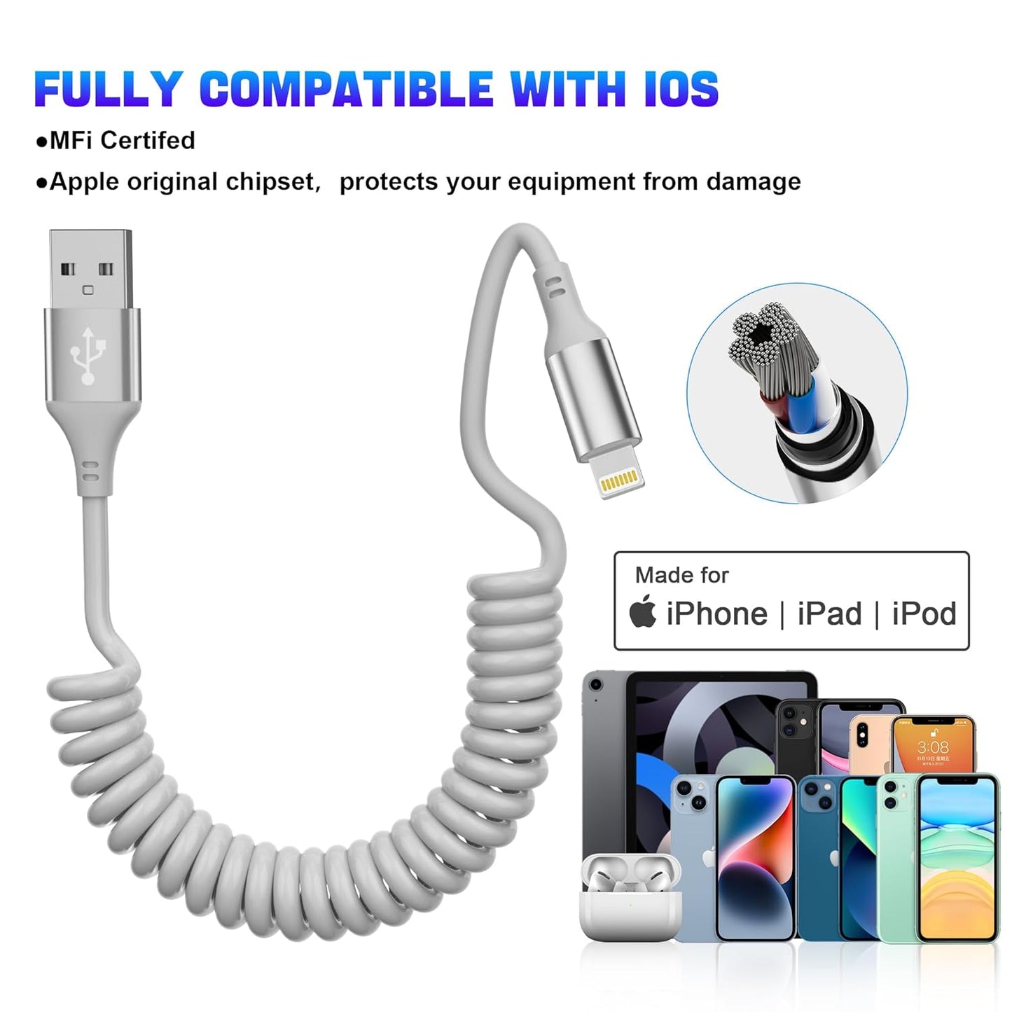 Yeemie 2-Pack Coiled Lightning iPhone Charger Cables Black 6ft Cords NEW