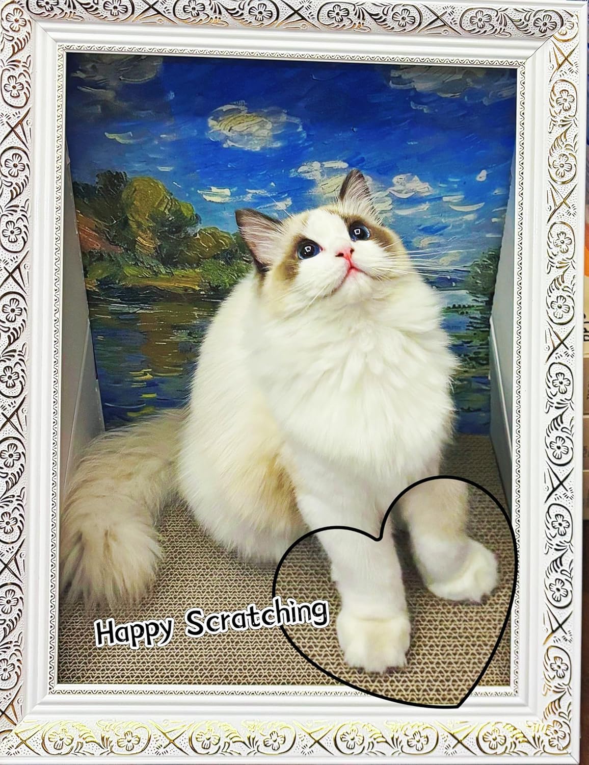 Elegant White Ornate Picture Frame Cat Scratching Pad with Oil Painting NEW