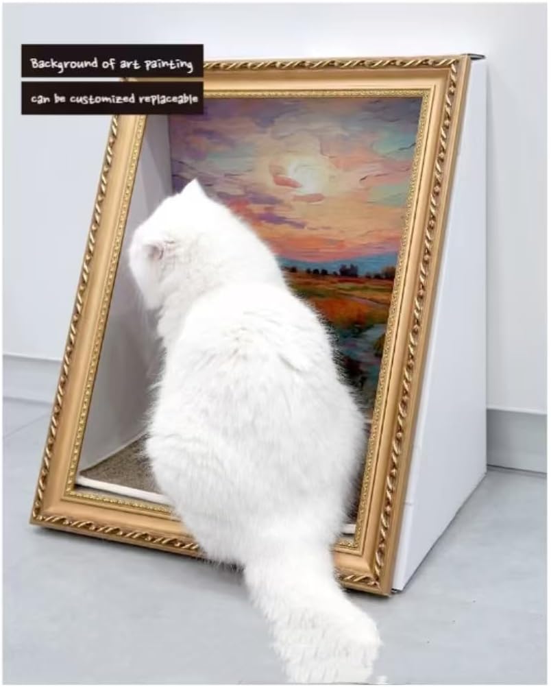 Elegant White Ornate Picture Frame Cat Scratching Pad with Oil Painting NEW
