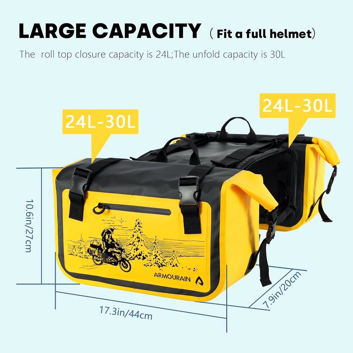 ARMOURAIN 50L Motorcycle Saddle Bag Trunk Black & Yellow Waterproof Luggage NEW