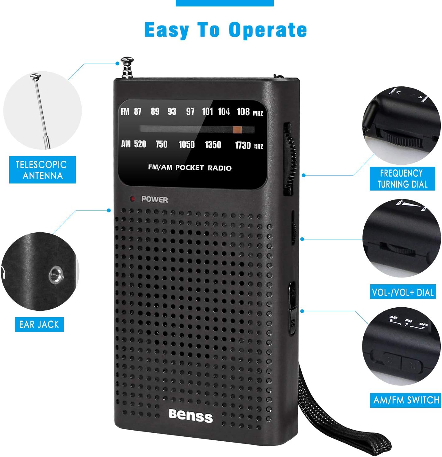 Benss Portable AM/FM Transistor Radio, Battery Operated, Compact Black NEW