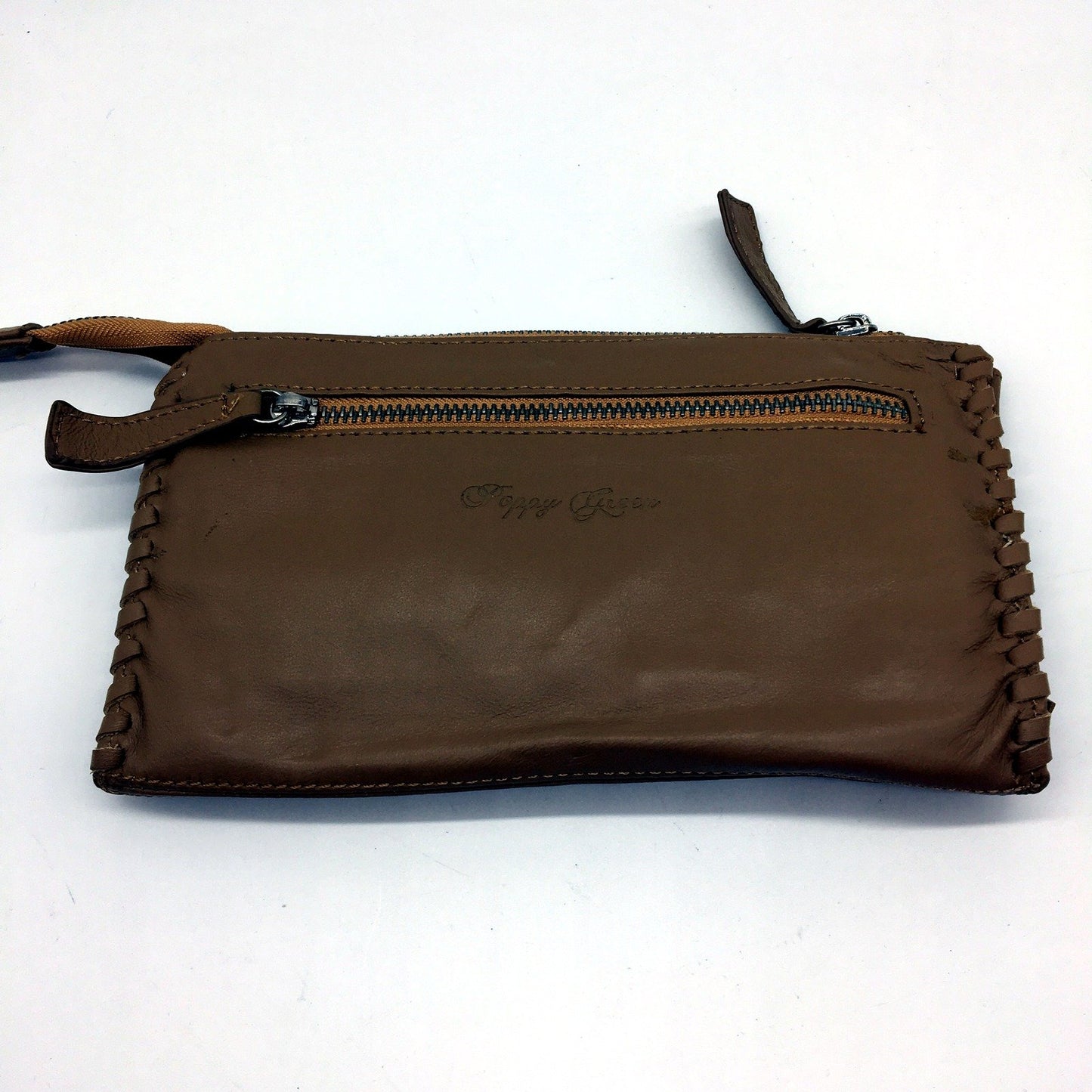 Poppy Green Womens Leather Double Pocket Clutch Purse Textured Tan Brown NEW