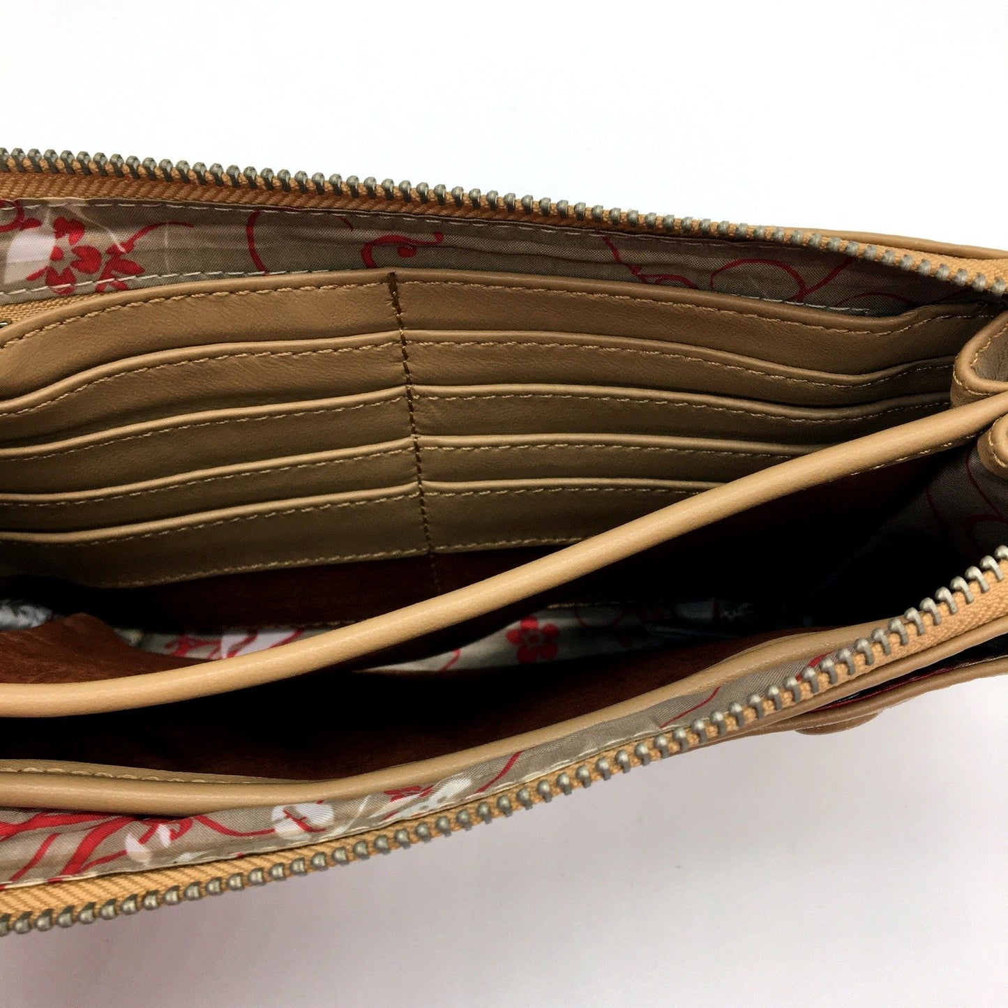 Poppy Green Womens Leather Double Pocket Clutch Purse Textured Tan Brown NEW