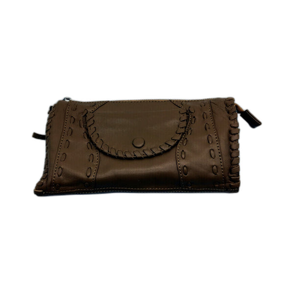 Poppy Green Womens Hand Crafted Tan Brown Leather Clutch Purse NEW