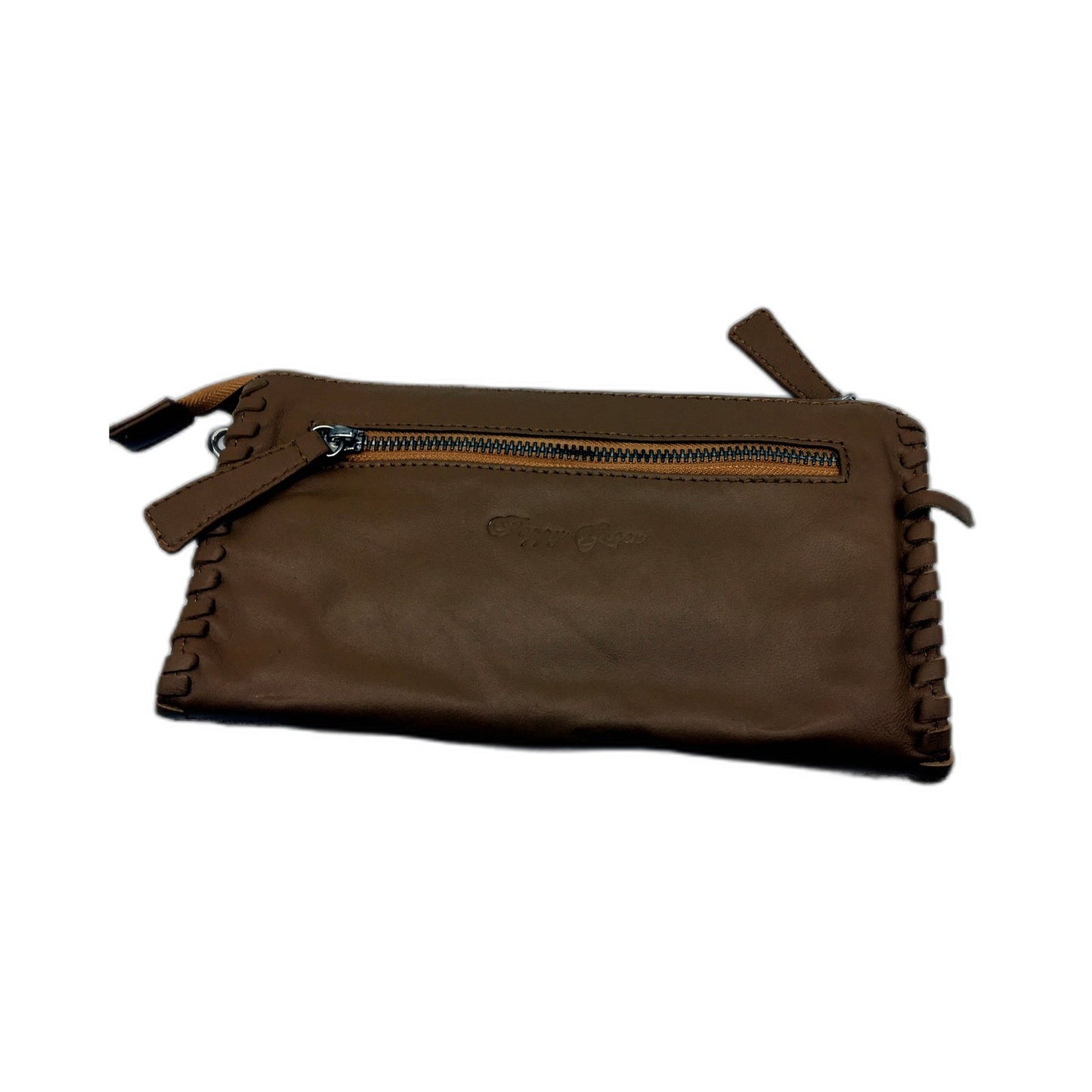 Poppy Green Womens Hand Crafted Tan Brown Leather Clutch Purse NEW
