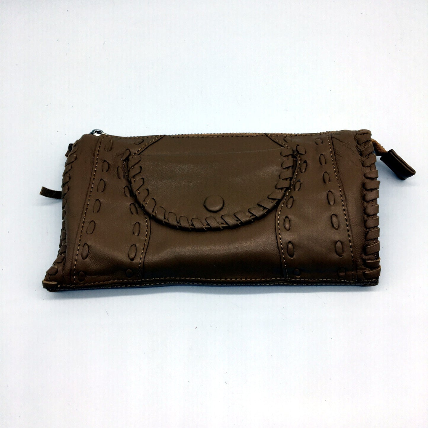 Poppy Green Womens Hand Crafted Tan Brown Leather Clutch Purse NEW
