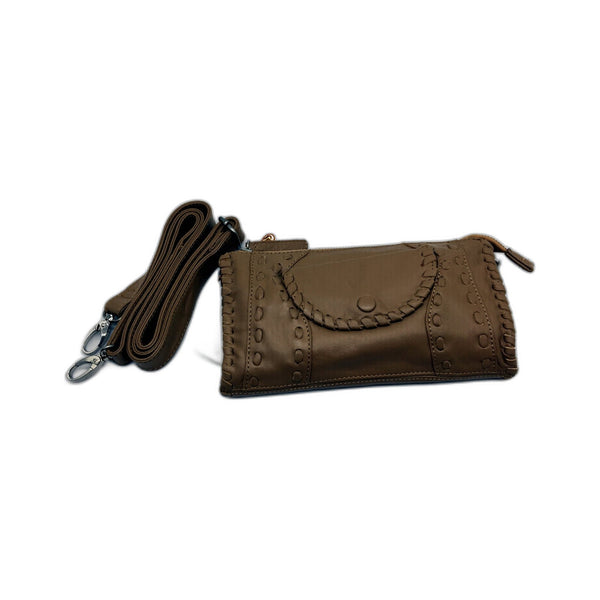Poppy Green Womens Tan Brown Leather Wristlet Clutch Purse Shoulder Bag NEW