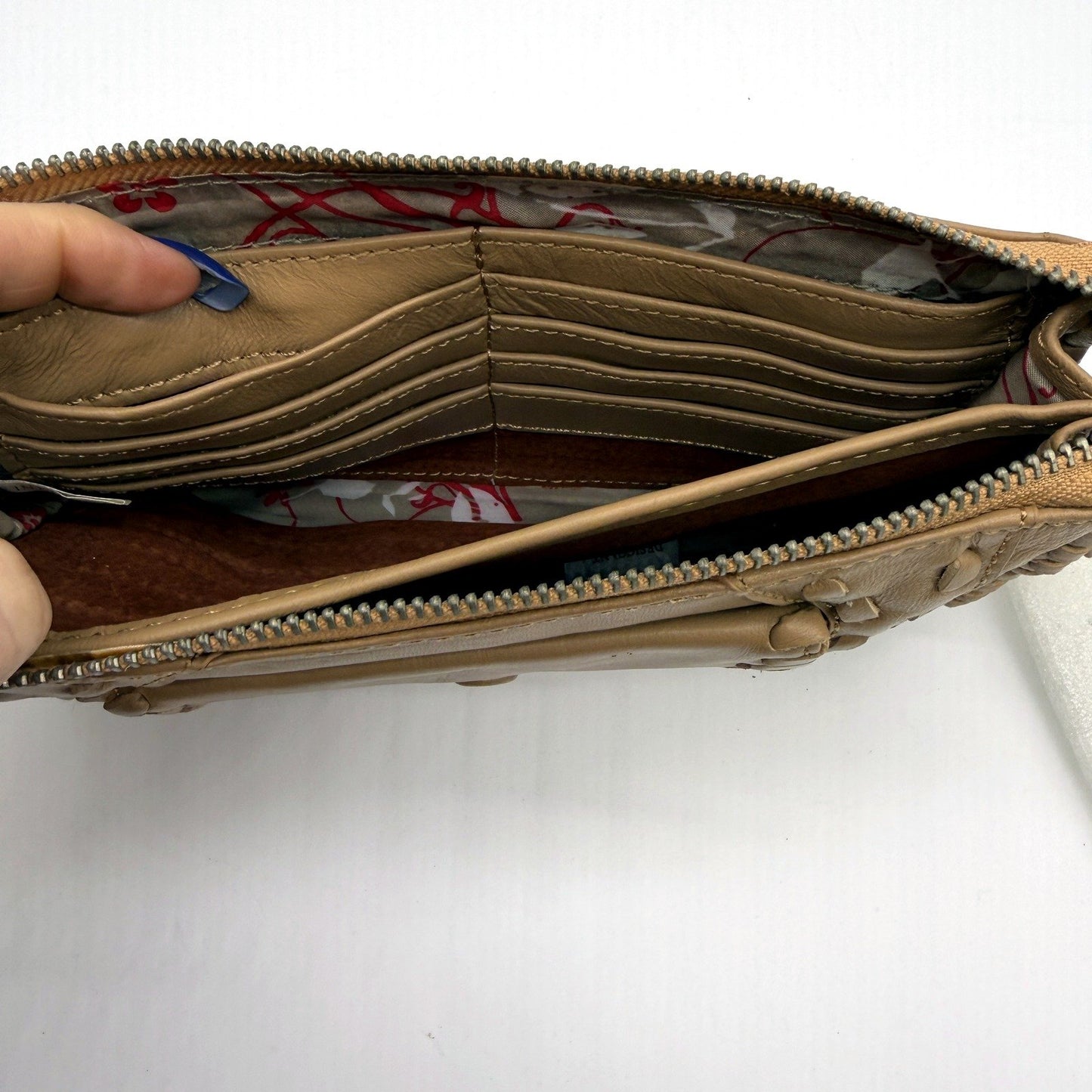 Poppy Green Womens Tan Brown Leather Wristlet Clutch Purse Shoulder Bag NEW