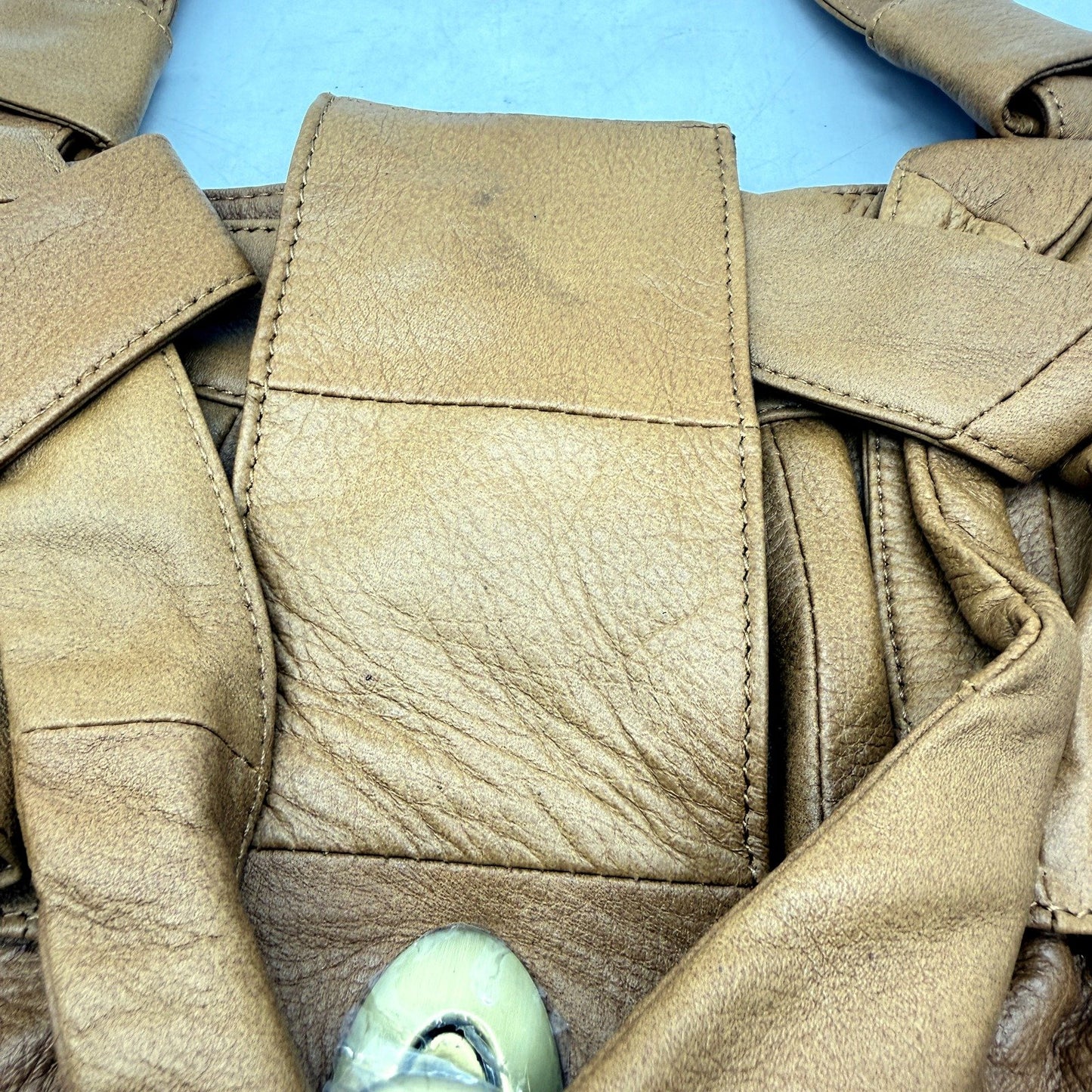 Ada.G Womens Natural Leather Handbag with Tan Ruffle Design & Shoulder Strap NEW