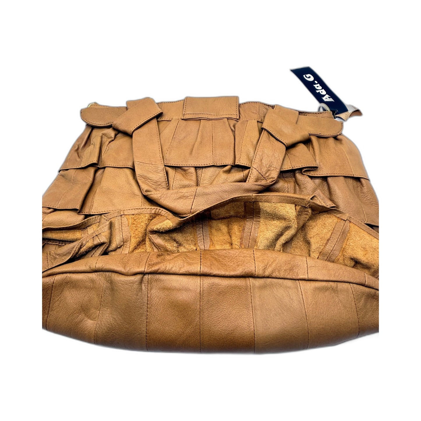 Ada.G Womens Natural Leather Handbag with Tan Ruffle Design & Shoulder Strap NEW