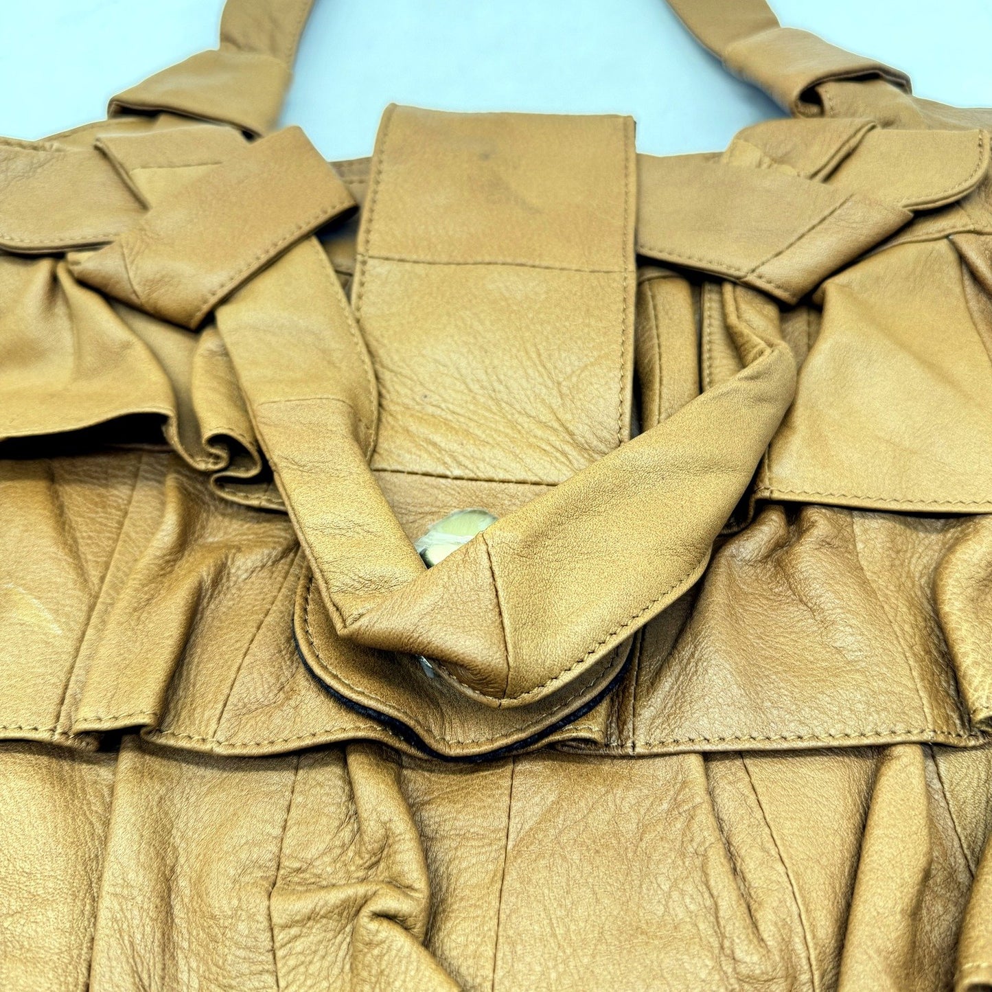 Ada.G Womens Natural Leather Handbag with Tan Ruffle Design & Shoulder Strap NEW