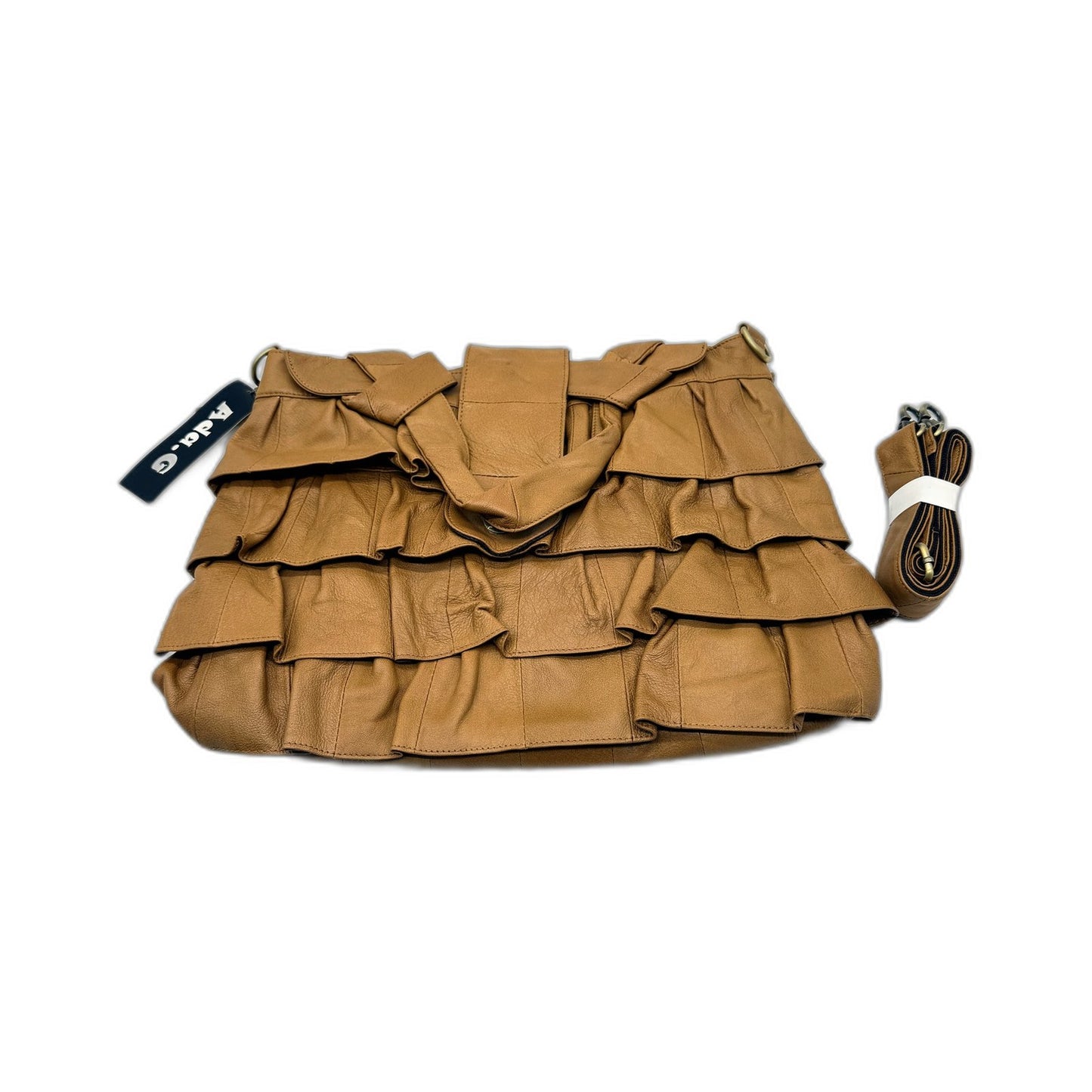 Ada.G Womens Natural Leather Handbag with Tan Ruffle Design & Shoulder Strap NEW