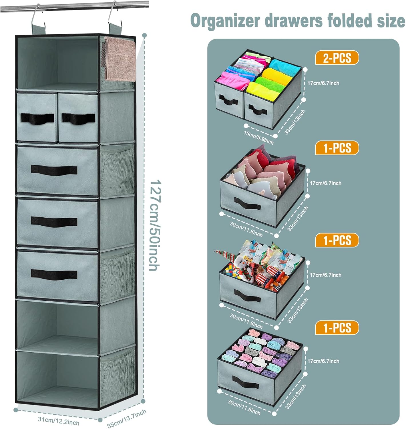 VERONLY 7-Shelf Hanging Closet Organizer with 5 Drawers in Grey Color NEW