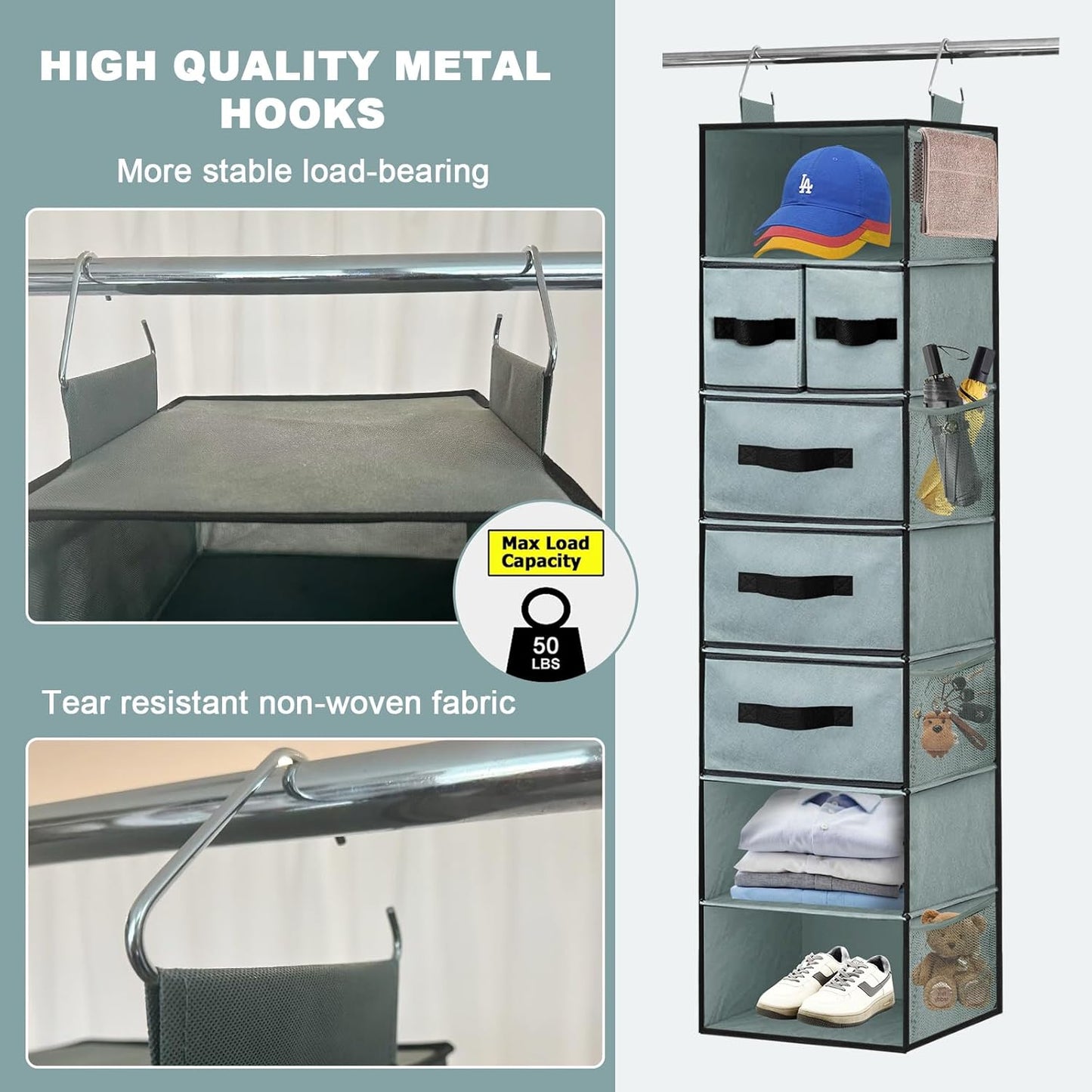 VERONLY 7-Shelf Hanging Closet Organizer with 5 Drawers in Grey Color NEW