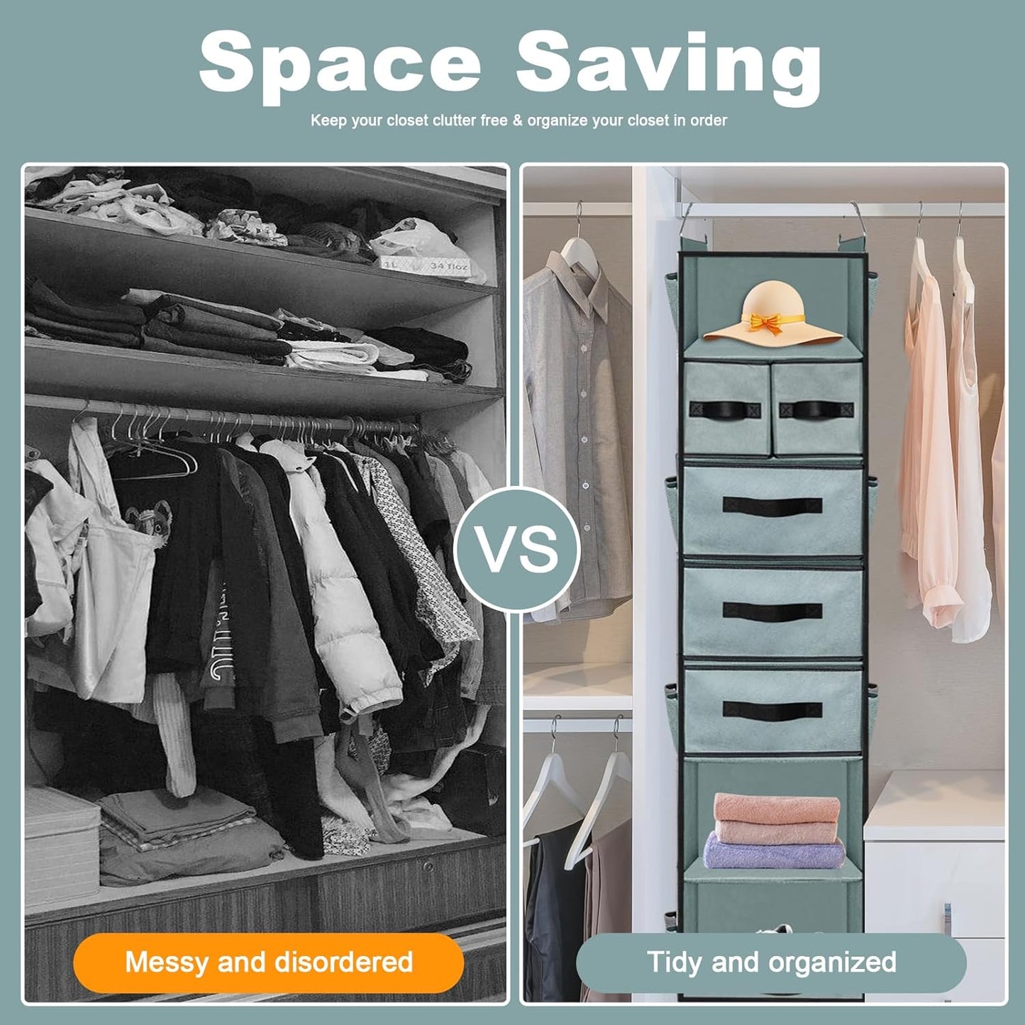 VERONLY 7-Shelf Hanging Closet Organizer with 5 Drawers in Grey Color NEW