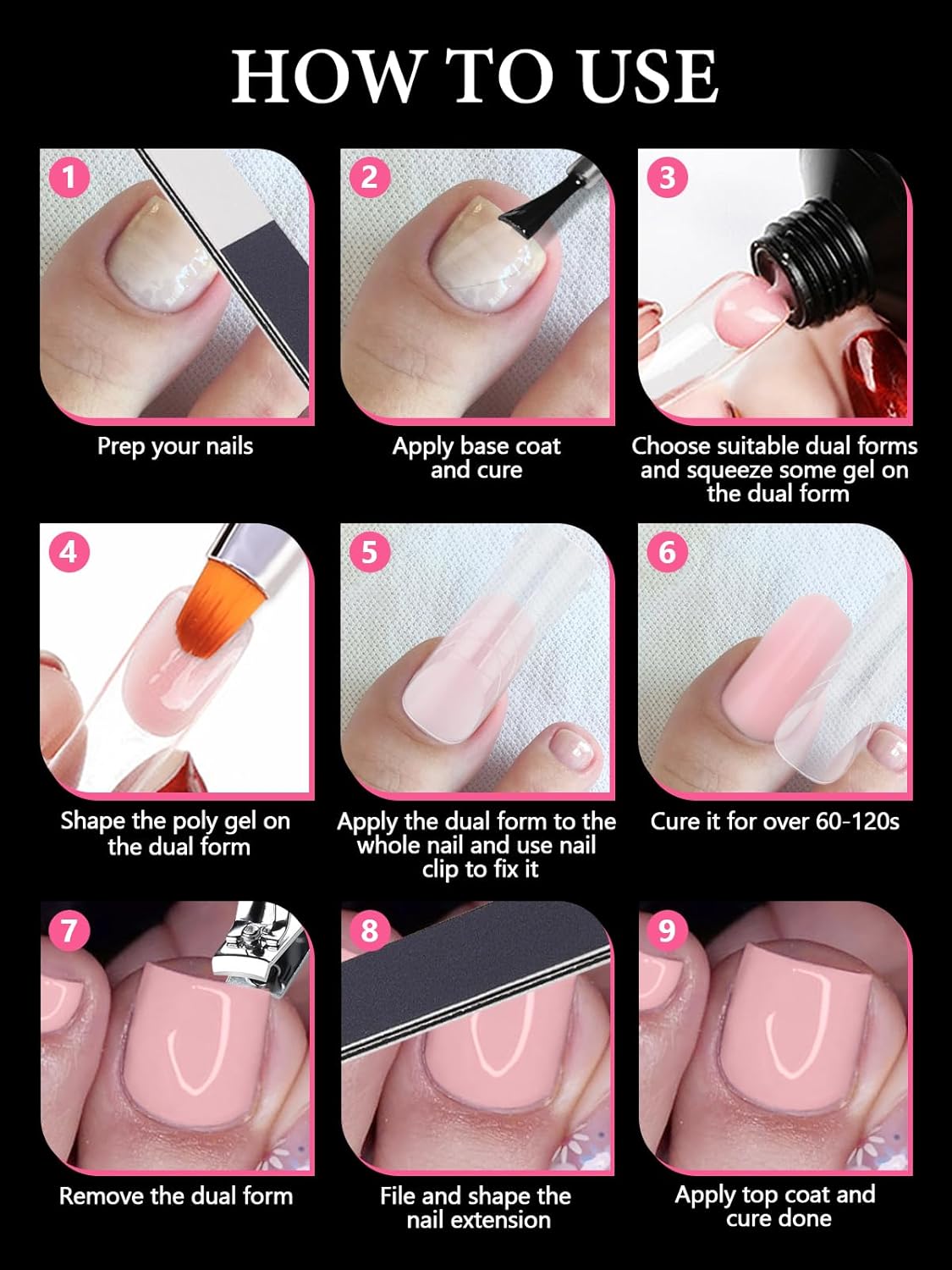 TOROKOM Poly Gel Nail Forms Long Square Dual Pedi Toe Extension Transparent NEW