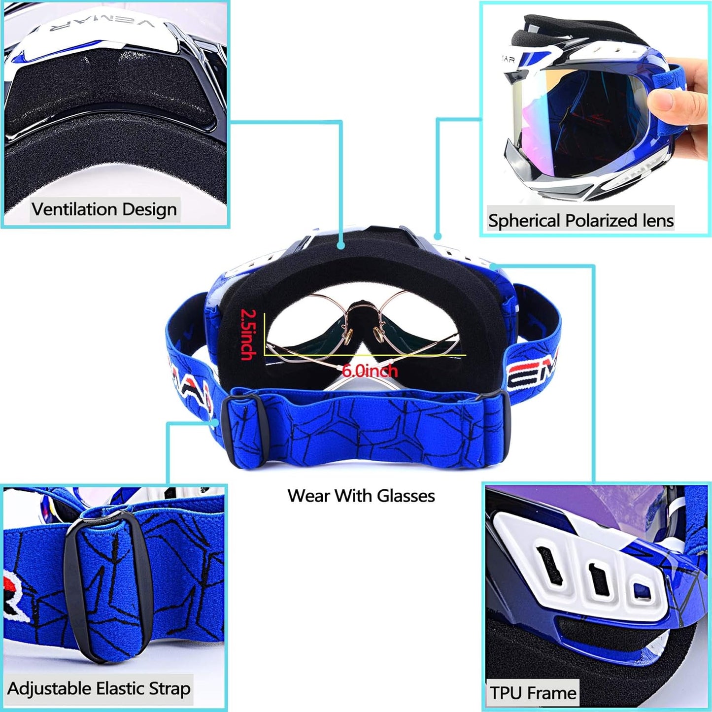 Ubelly Blue Polarized Motorcycle Goggles for Dirt Bike Racing Eyewear NEW