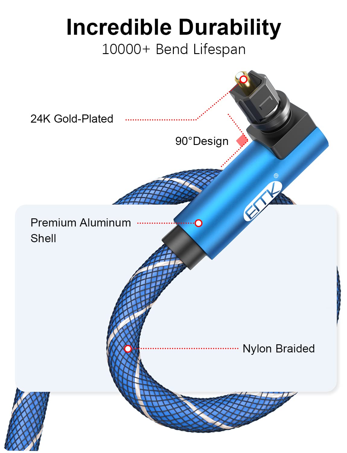 EMK Blue 90 Degree Toslink Optical Audio Cable for S/PDIF Digital Surround NEW